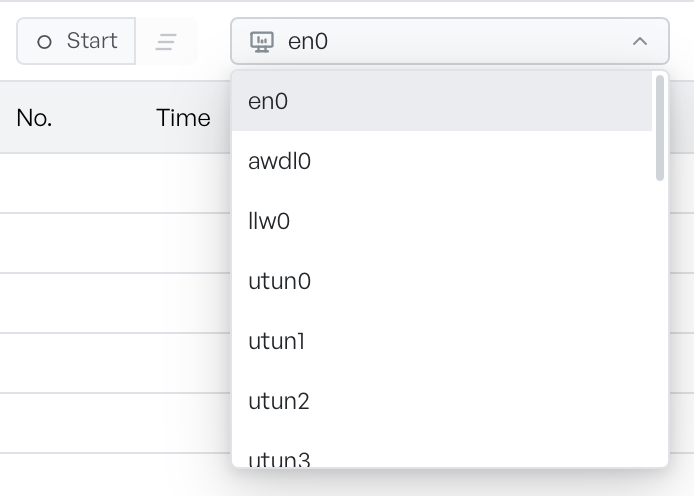 The Packet Capture toolbar with the interface dropdown open, listing network adapters en0, awdl0, llw0, and several utun interfaces, with the Start button and packet list behind it