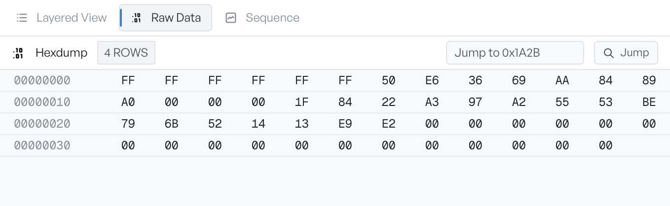 The Raw Data tab open on a frame, with the Hexdump header showing a 4 ROWS count and a Jump-to-offset control, and rows of offset and hexadecimal byte columns below