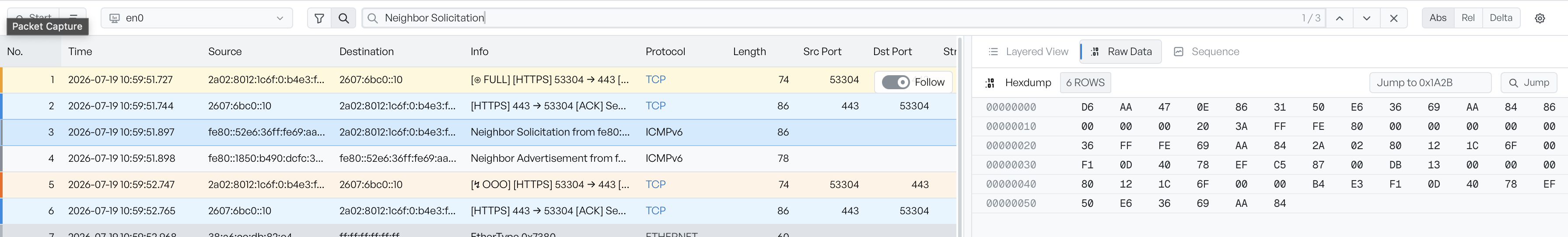 The toolbar in search mode with 'Neighbor Solicitation' typed in the search box, a 1/3 result counter with previous, next, and clear buttons on the right, and the matching frame highlighted in the packet list below