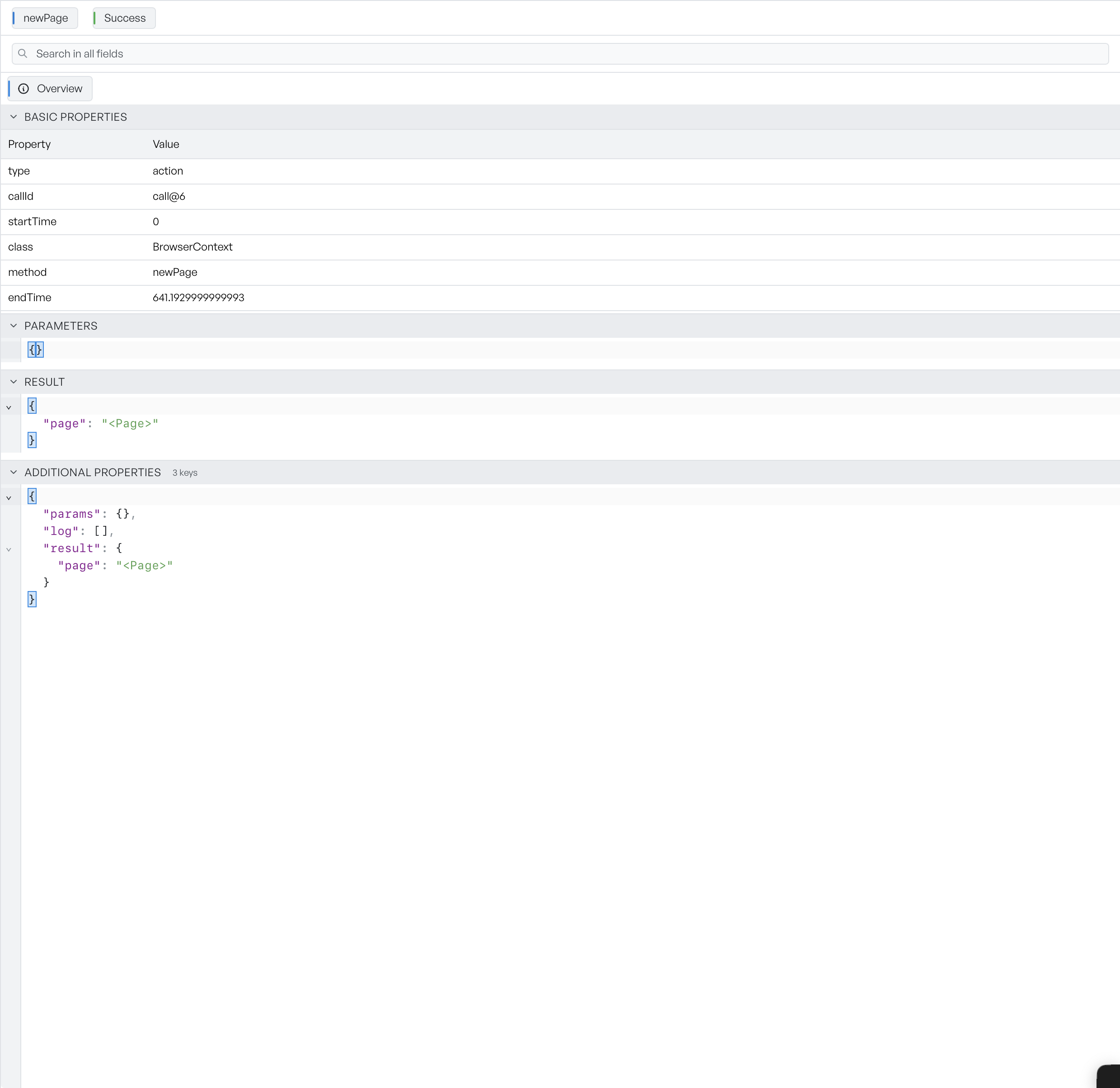 The action inspector Overview tab: the header marks newPage as a Success, with Basic Properties, Parameters, Result, and Additional Properties listed below