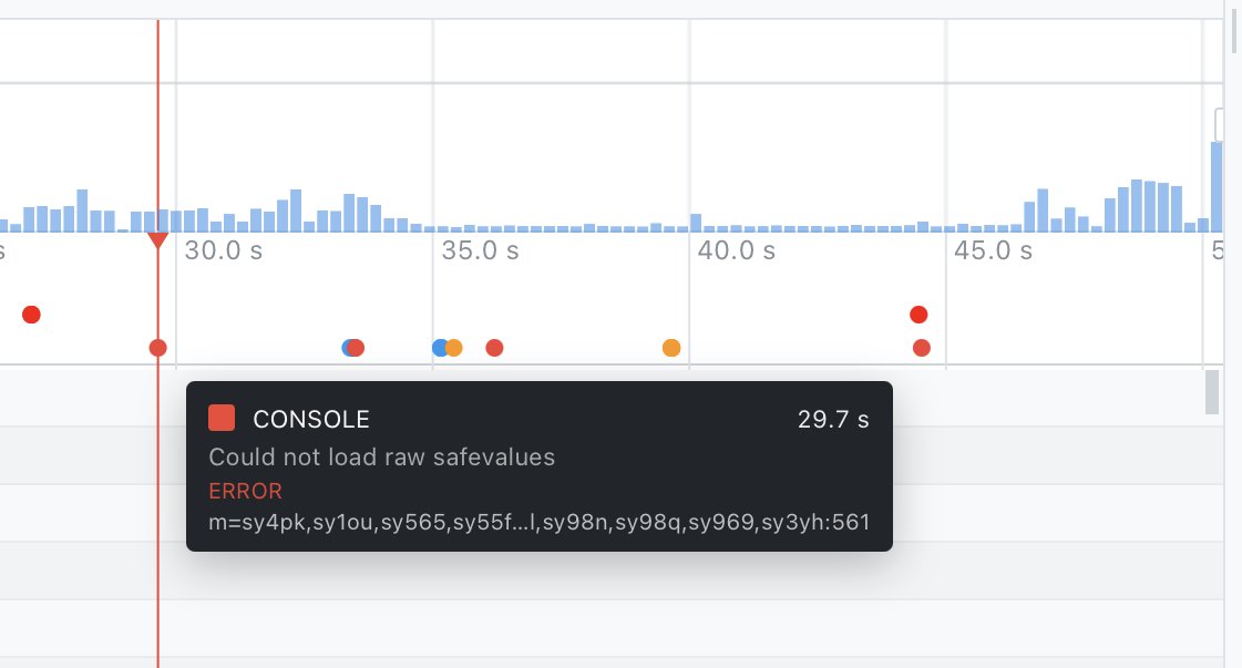 A console error marker hovered on the timeline, its tooltip showing the message text, the ERROR level, and the source location
