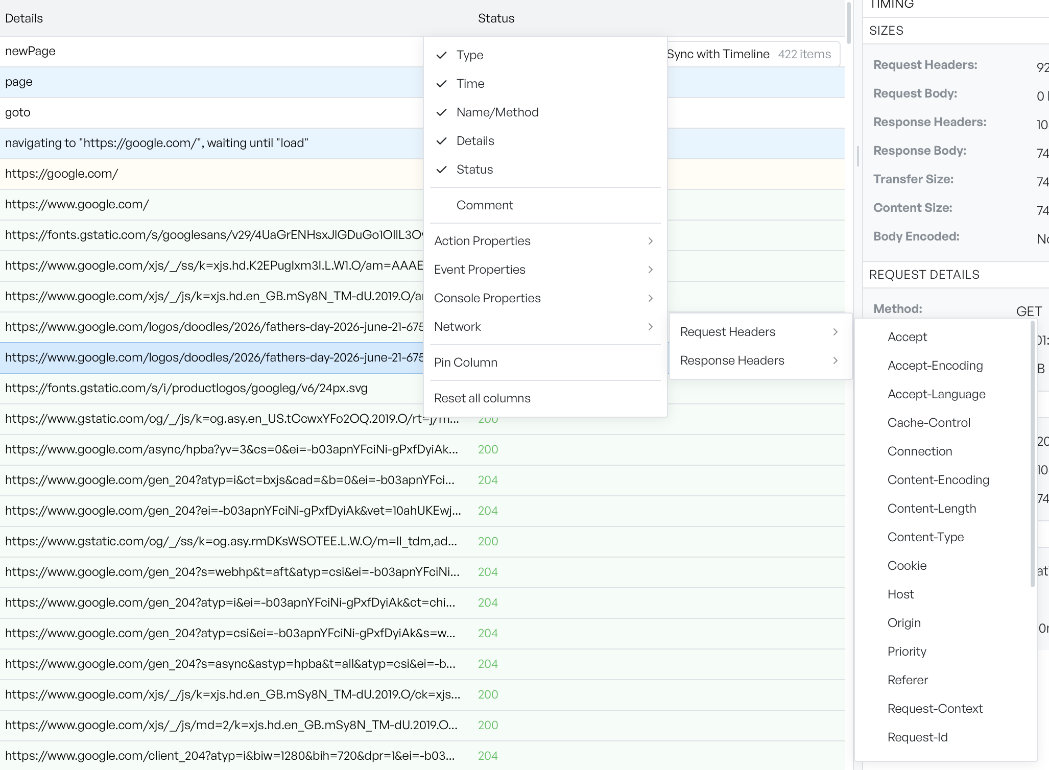The column header menu open, listing the standard columns with tick boxes above submenus for action, event, console, and network header properties
