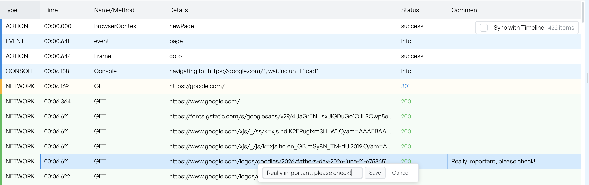 Editing a comment on a network row: an inline editor holding the note, with Save and Cancel buttons, and the Comment column shown