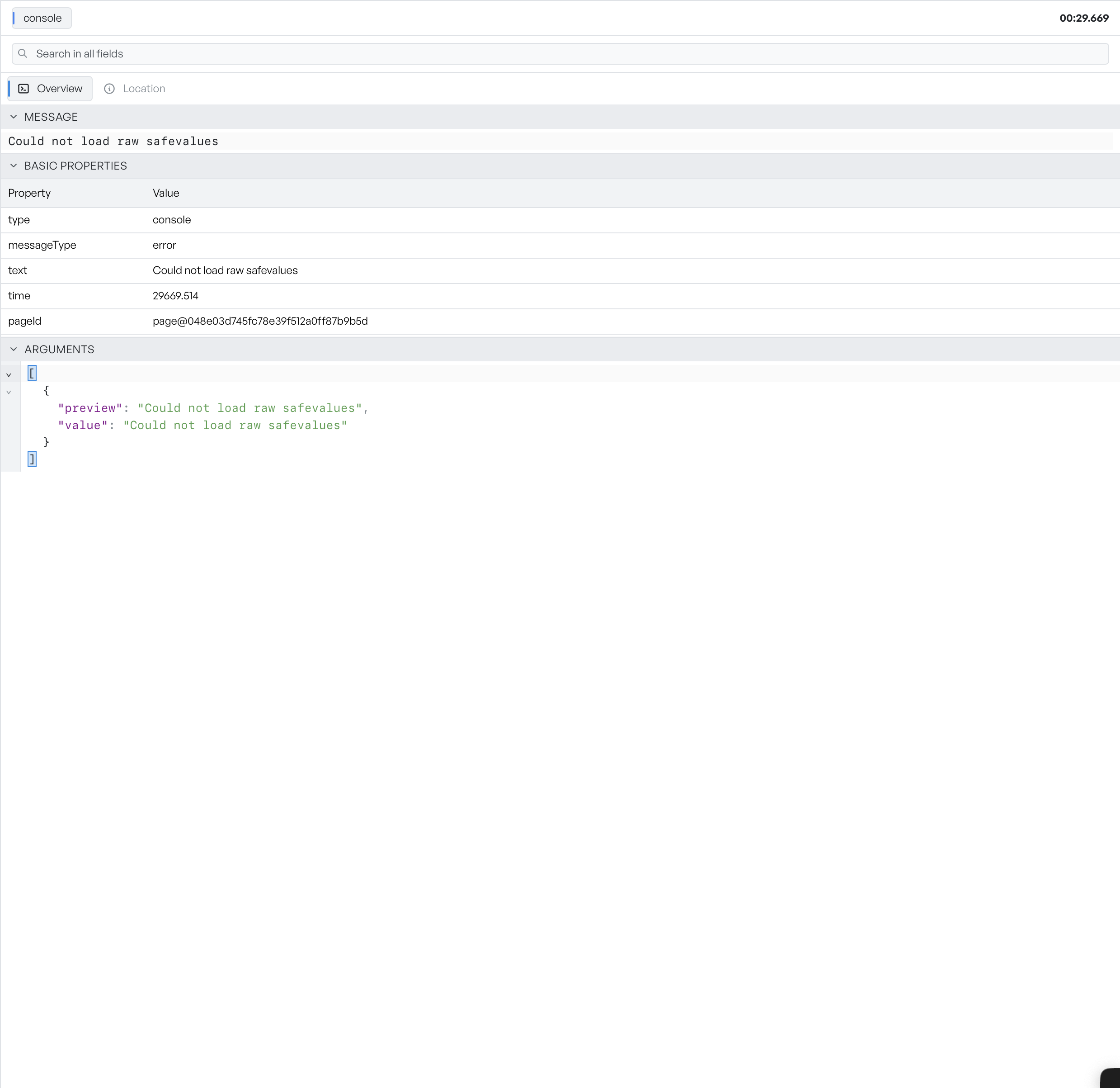 The console inspector Overview tab: an error message with the Message shown first, then Basic Properties and Arguments, and a Location tab in the header