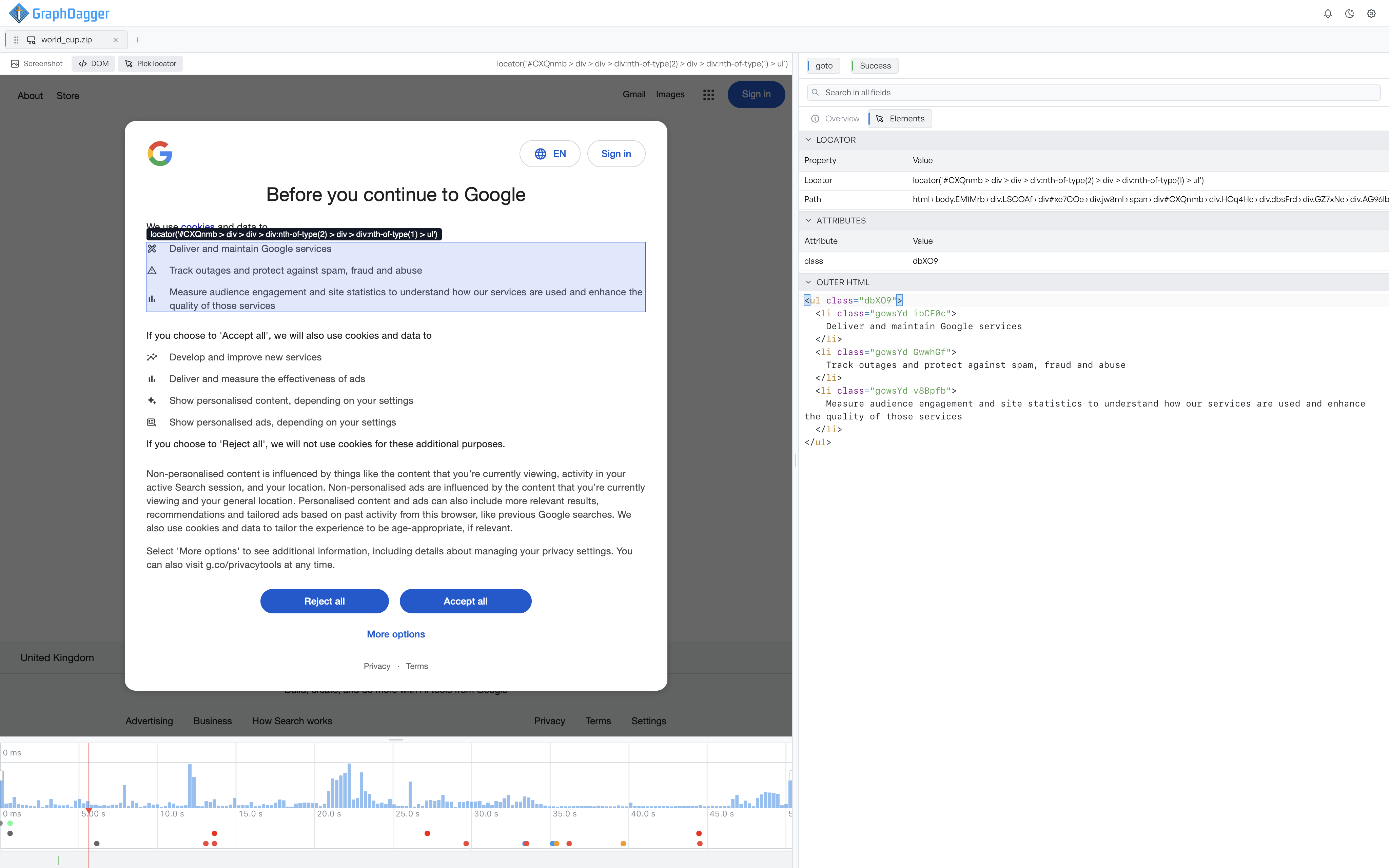 The preview in DOM mode with Pick locator active: an element outlined in the snapshot, and the inspector's Elements tab showing its locator, attributes, and outer HTML