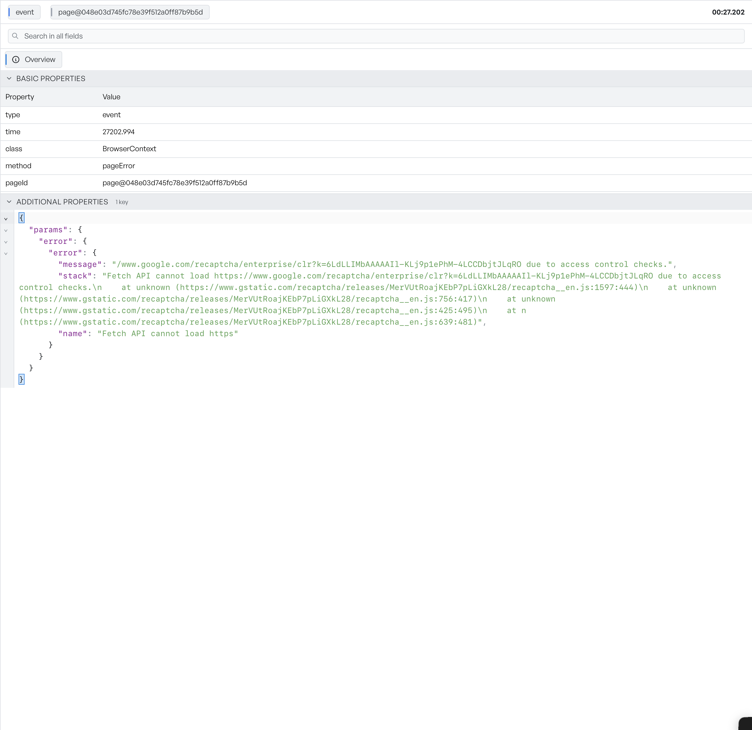 The event inspector Overview tab: a pageError event with Basic Properties and Additional Properties holding the error message, stack, and name