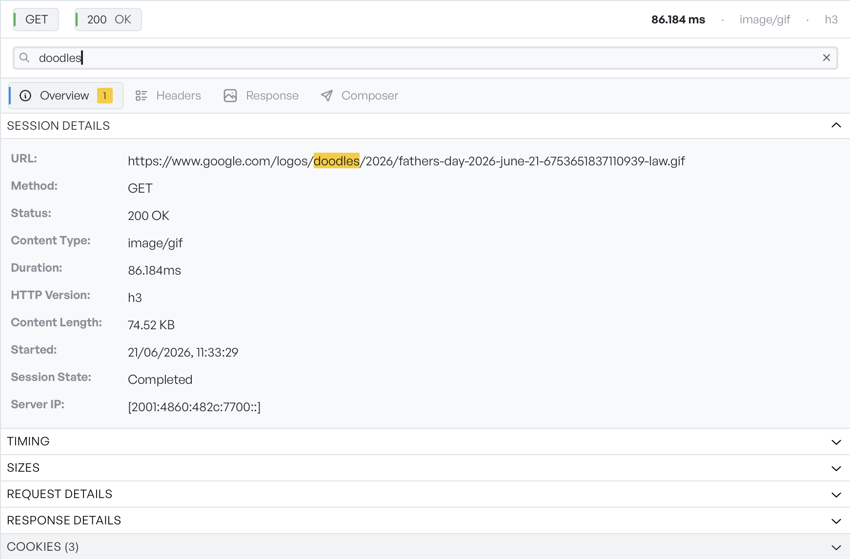 The inspector with a search term entered: the term is highlighted in a field, and the Overview tab shows a match count