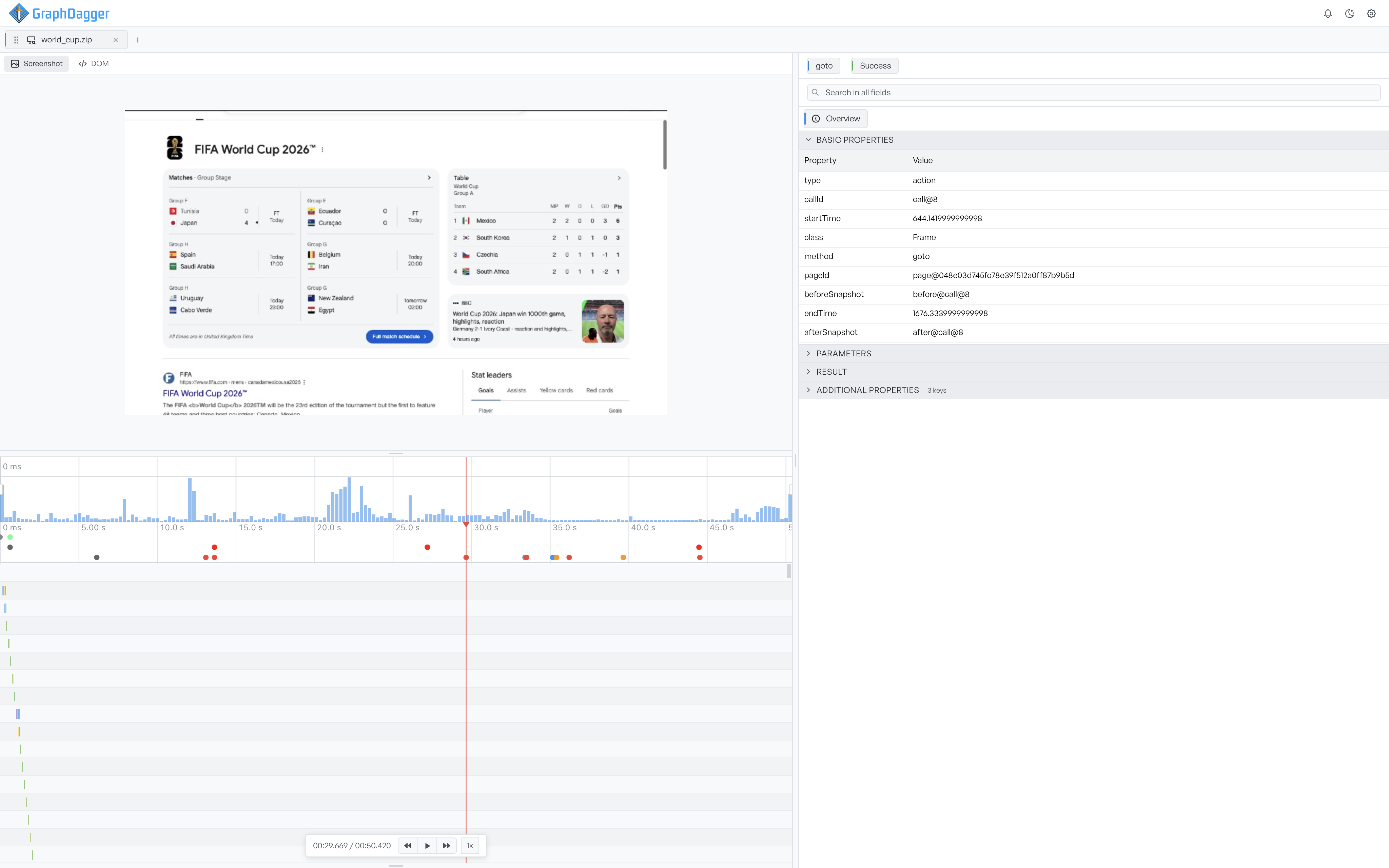 The preview in Screenshot mode showing the recorded page at around the 30 second mark, with the matching action selected in the inspector