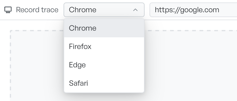 The Record trace browser menu open, listing Chrome, Firefox, Edge, and Safari