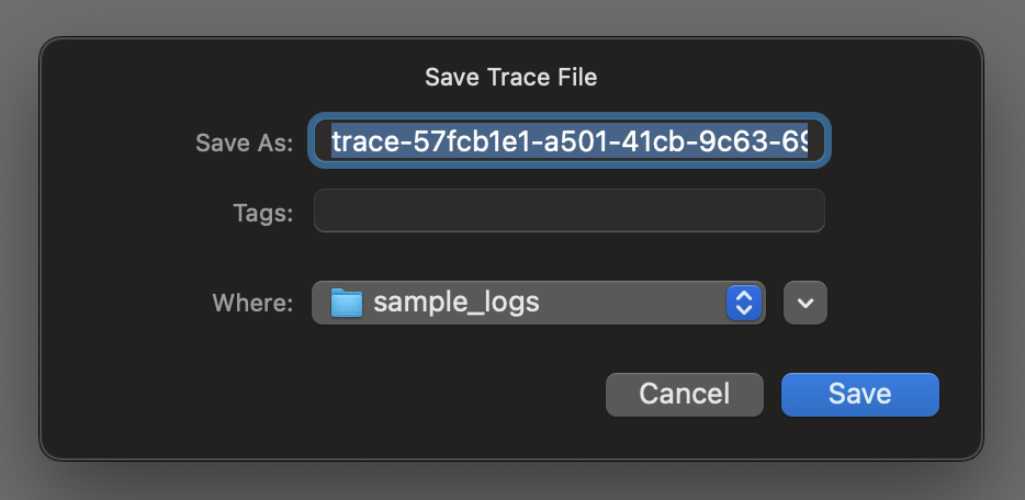 The Save Trace File dialog with a suggested trace file name ready to save as a .zip