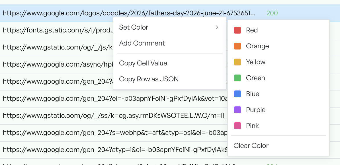 The right-click row menu with the Set Color submenu open, showing the colour palette and a Clear Color option, alongside Add Comment and the copy actions