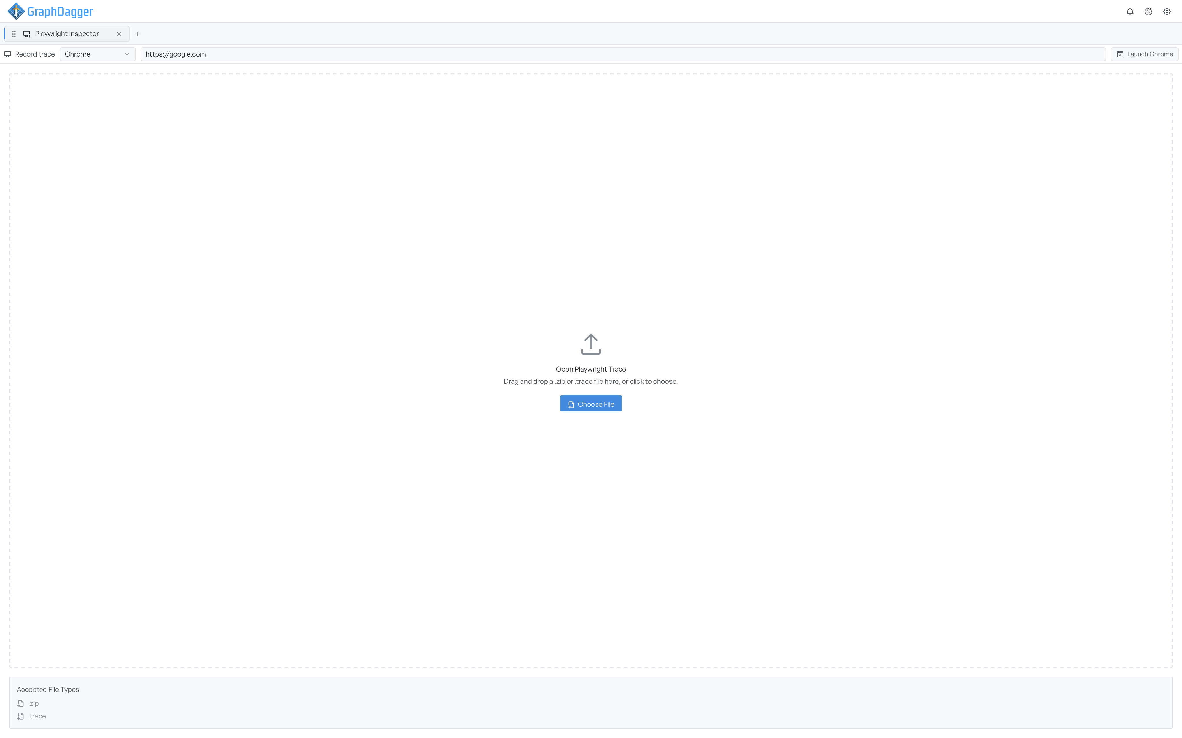 The Playwright Inspector start screen: a Record trace toolbar across the top, and a large drop zone titled Open Playwright Trace that accepts .zip and .trace files