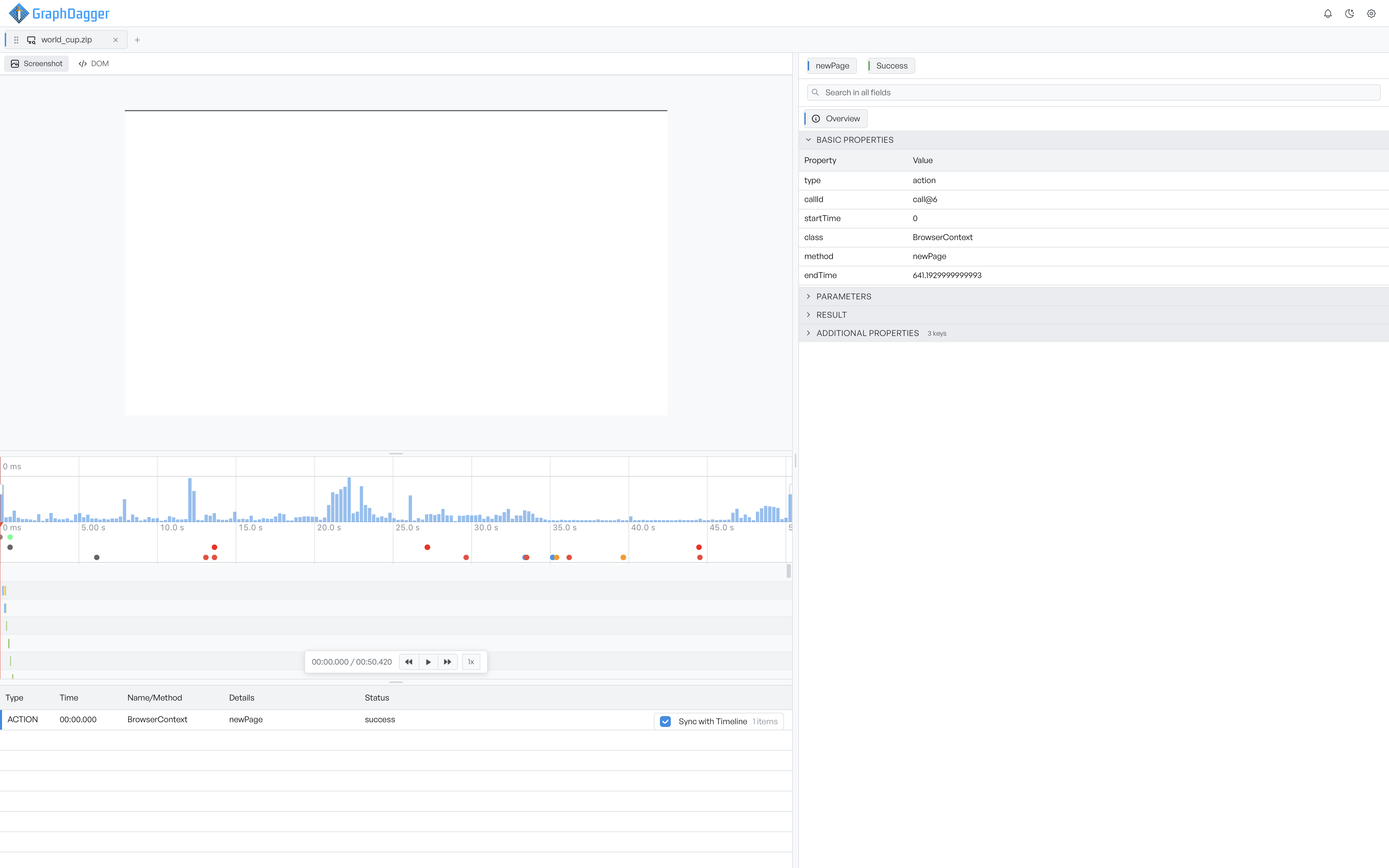 The Playwright Inspector workspace with a trace open: the page preview and activity timeline on the upper left, the events list below them, and the inspector on the right showing a selected action