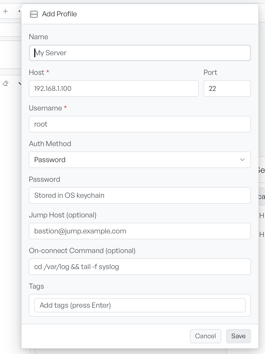 The Add Profile form showing the Name, Host, Port, Username, Auth Method, Password, Jump Host, On-connect Command, and Tags fields