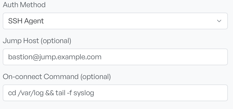 The SSH Agent method selected, with the Jump Host and On-connect Command fields beneath it