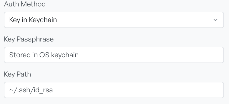 The Key in Keychain method selected, showing the Key Passphrase and Key Path fields