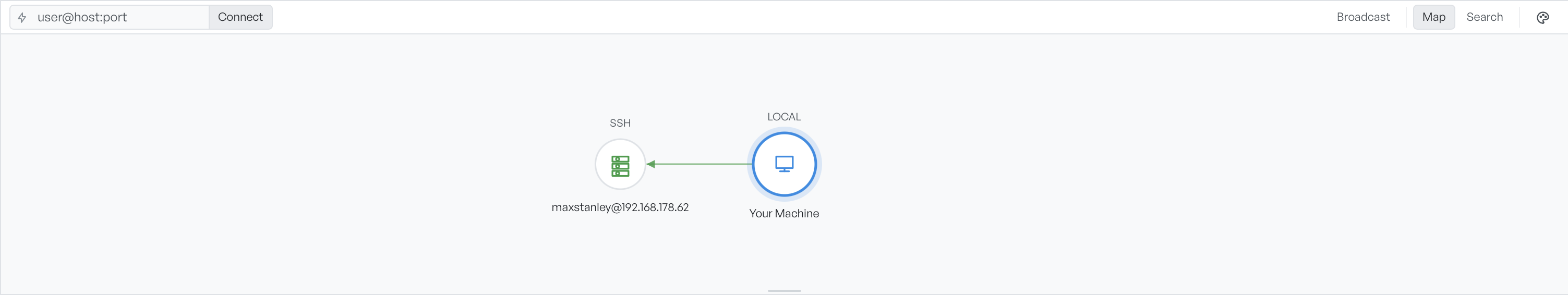 The connection map showing Your Machine at the centre linked to an SSH host node