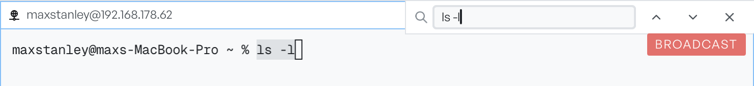 The search field open on a pane with a term entered and the matching text highlighted in the output