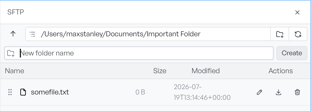 The SFTP panel with the new folder field open, showing the New folder name placeholder and the Create button