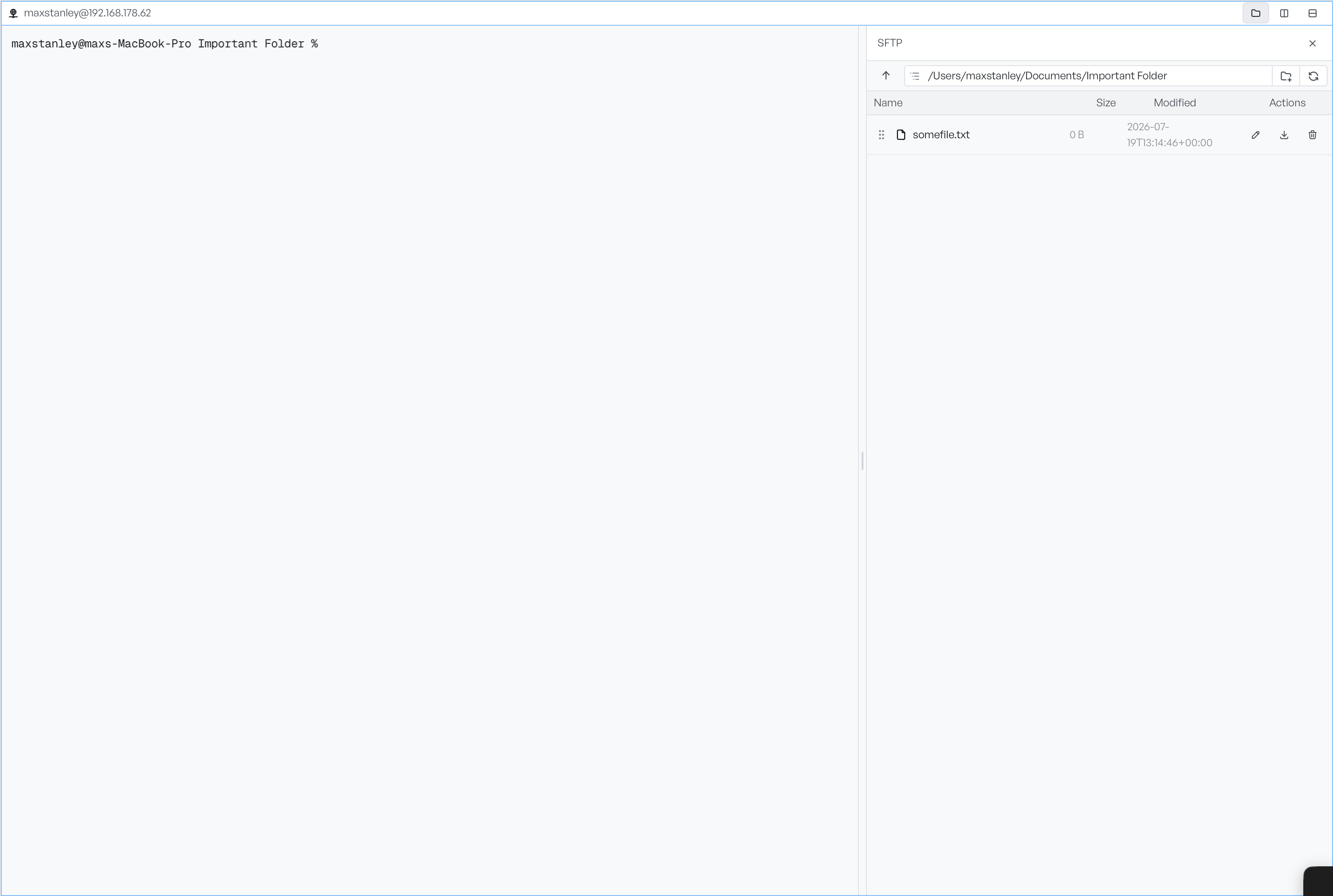 An SSH pane with the SFTP panel open on the right, listing a directory with Name, Size, Modified, and Actions columns
