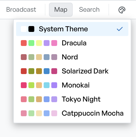 The theme list open, showing System Theme ticked above Dracula, Nord, Solarized Dark, Monokai, Tokyo Night, and Catppuccin Mocha