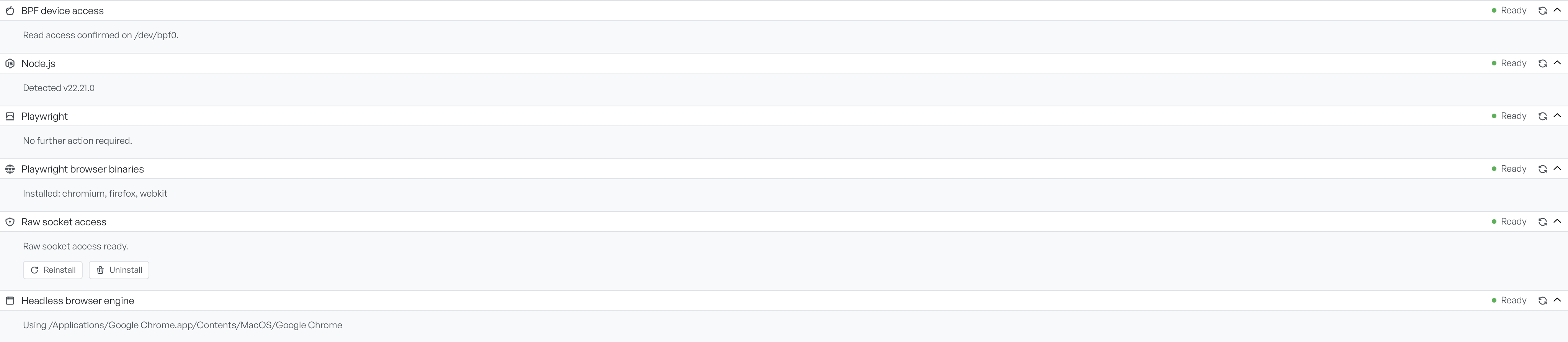 The Dependencies tab with rows expanded, each showing its detected detail and any install controls
