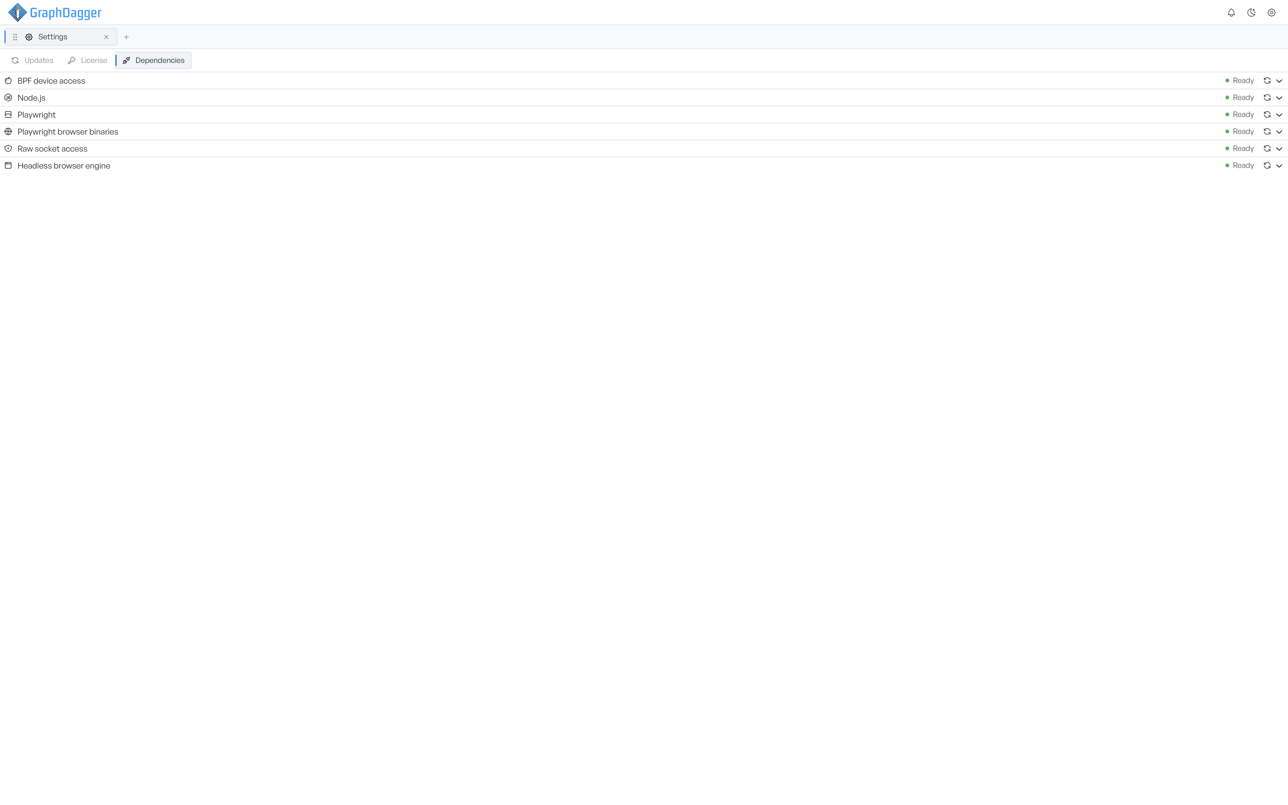 The Dependencies tab listing prerequisites such as BPF device access, Node.js, and Playwright, all marked Ready