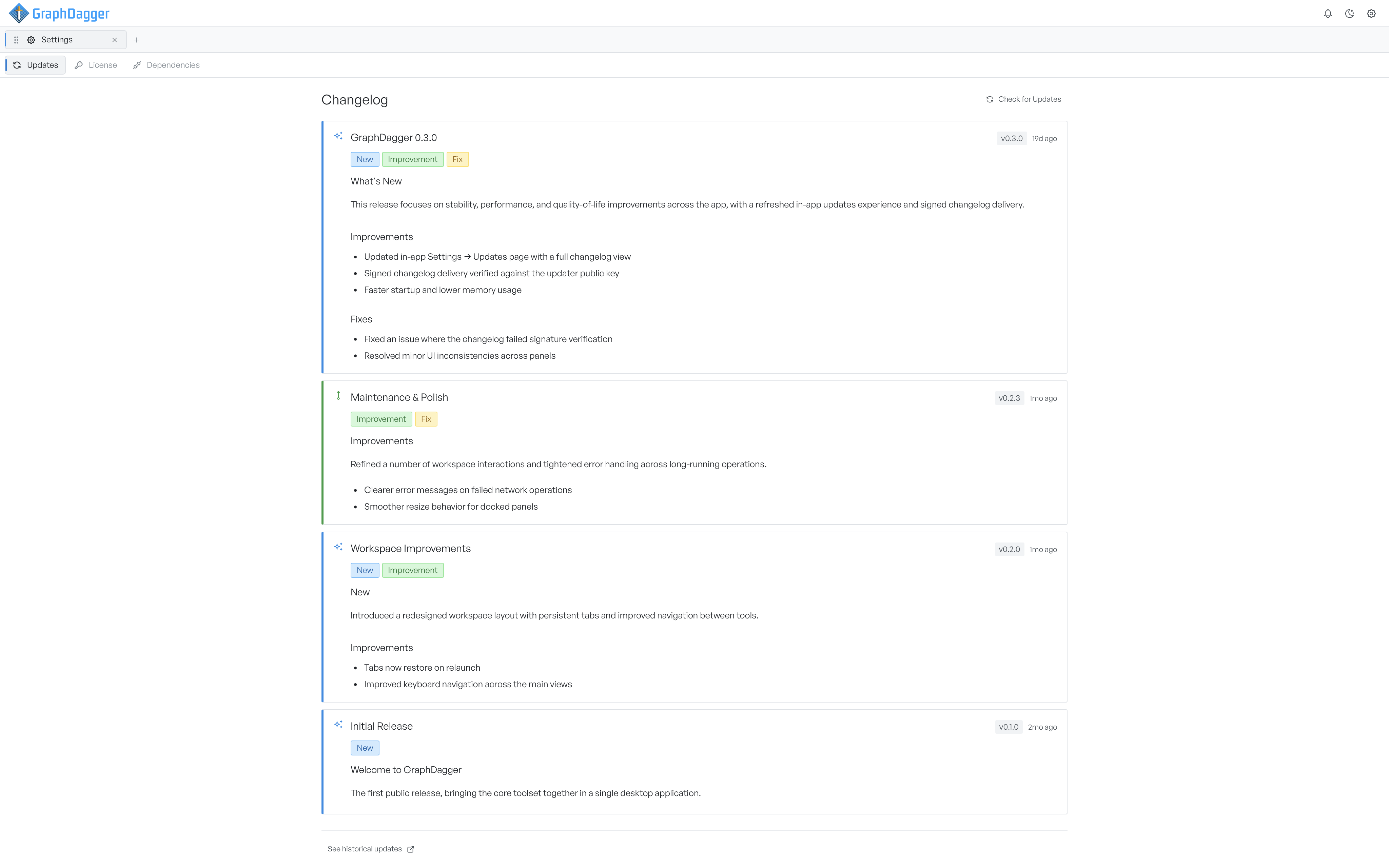 The Updates tab showing the changelog feed with release cards for several versions
