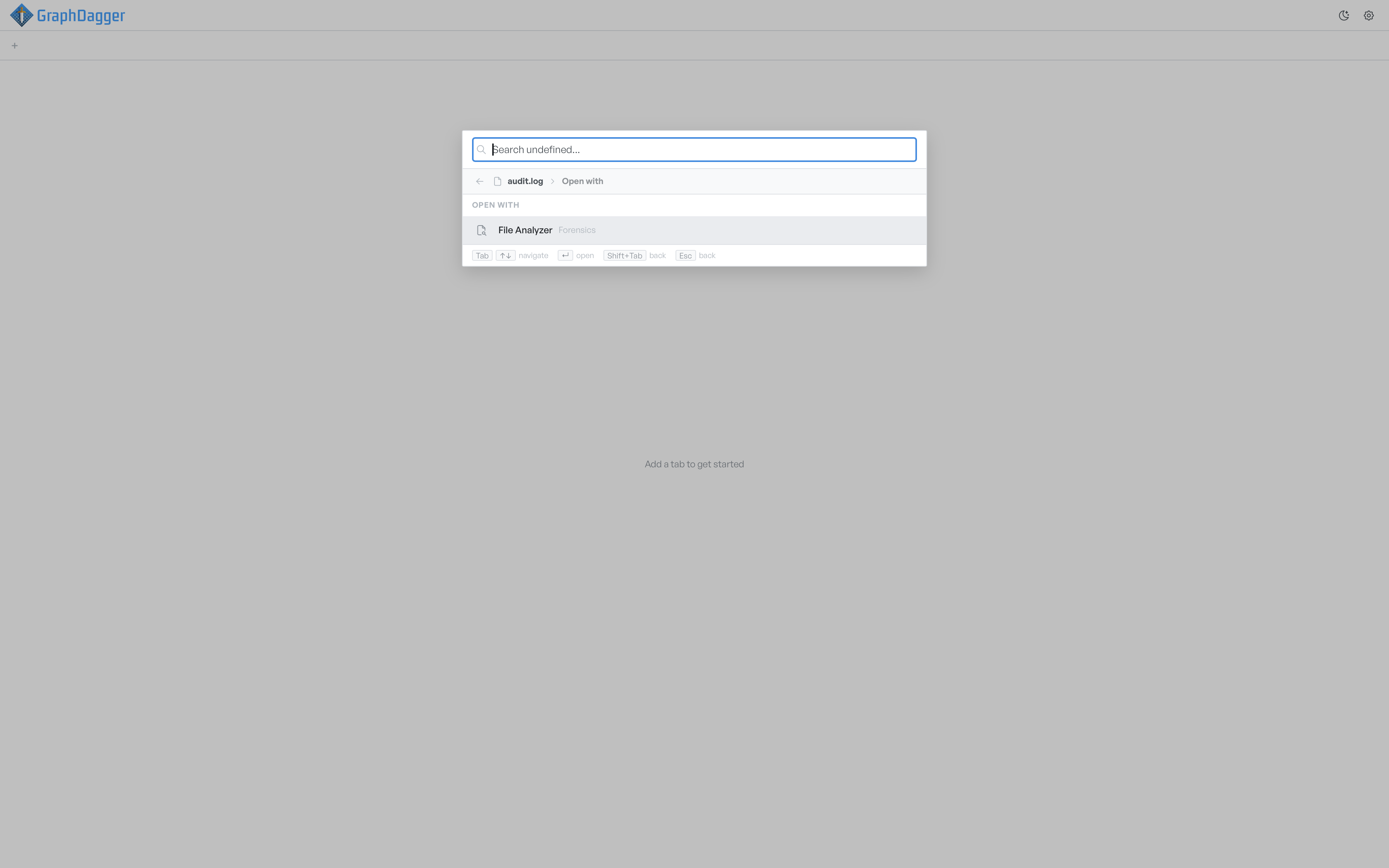 Spotlight drilled into a single file, showing an Open with list with one analyzer option