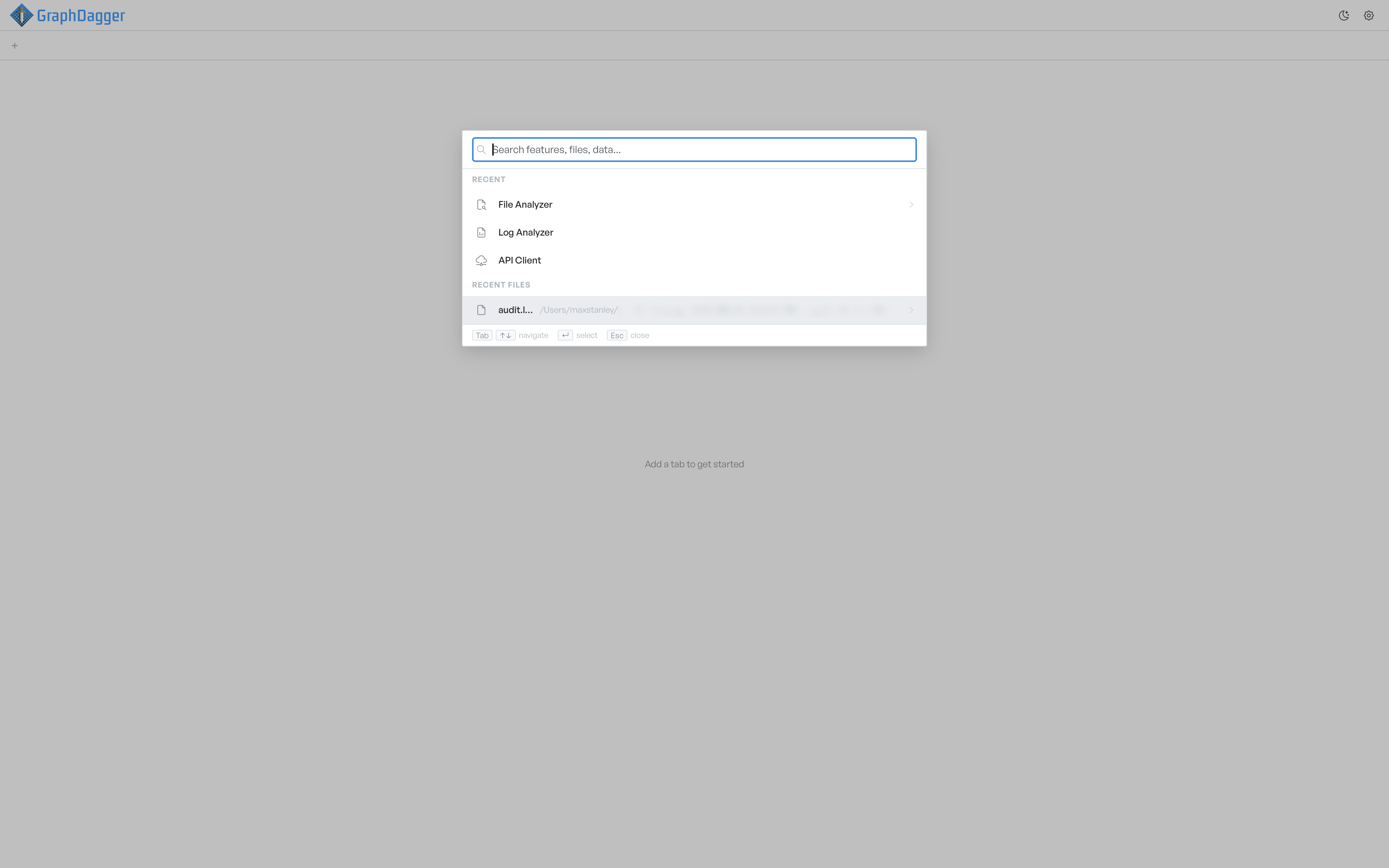 Spotlight showing a Recent list of features and a Recent files list below it