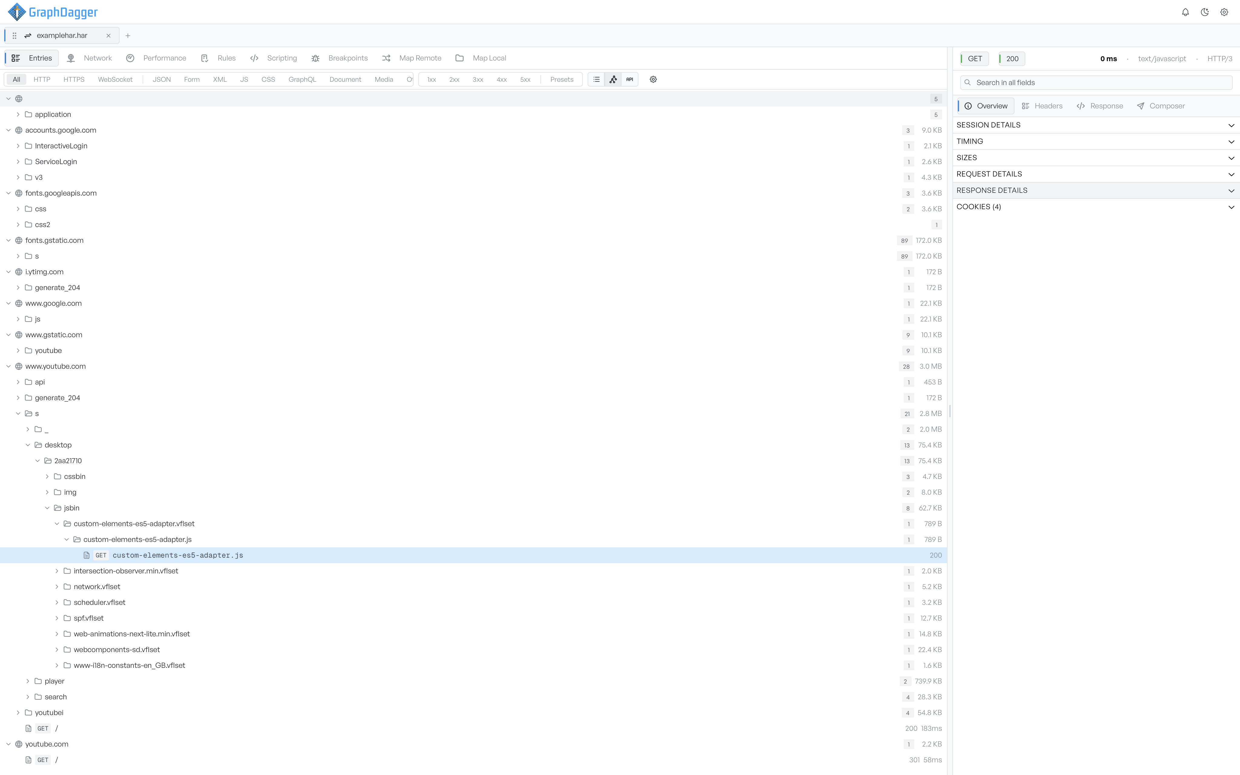 The captured traffic behind the spec: the entries list in the structure view, with hosts and path folders expanded down to a single request
