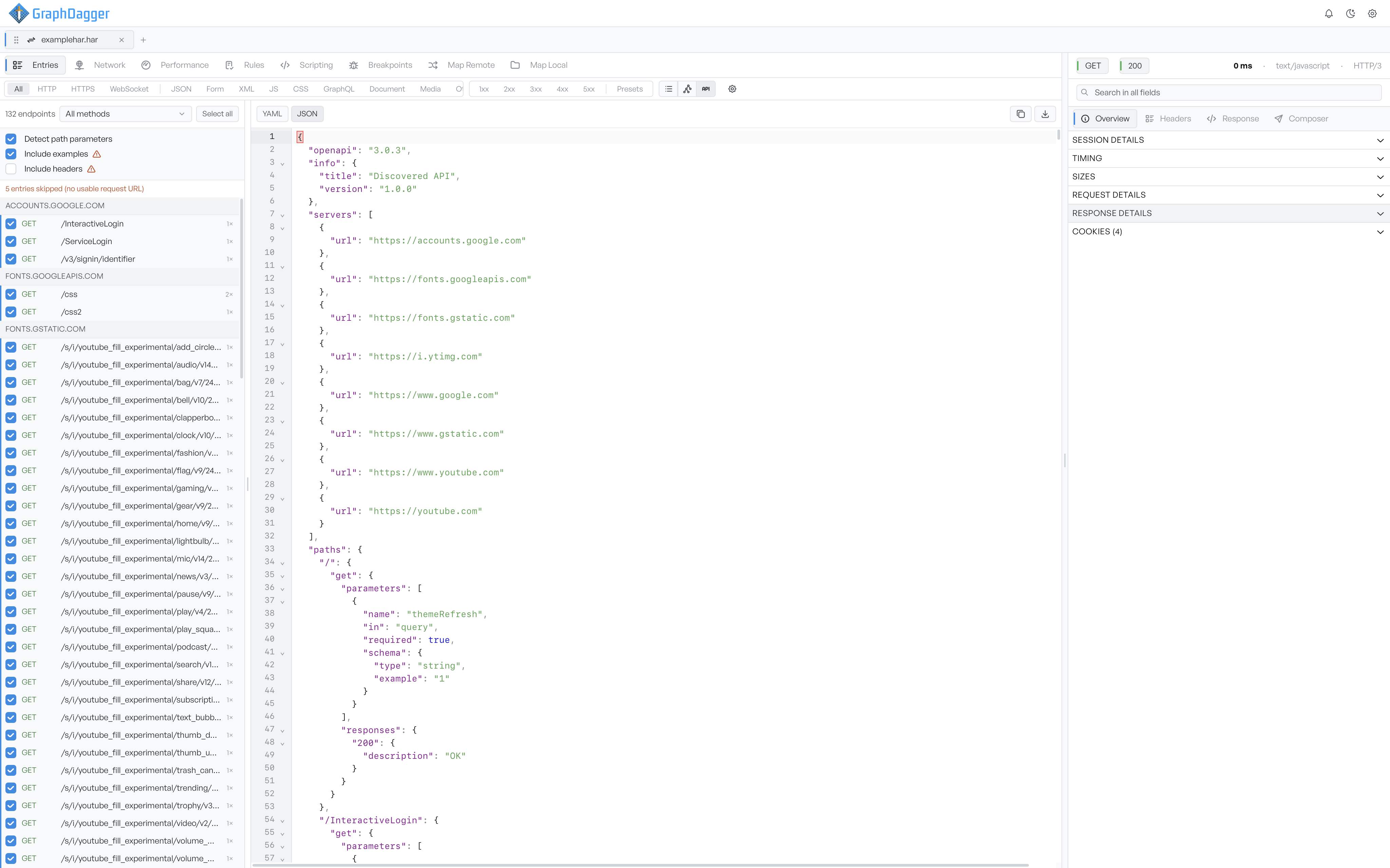 The API endpoints view showing the endpoint list with method filter and options on the left, and the generated spec as JSON on the right