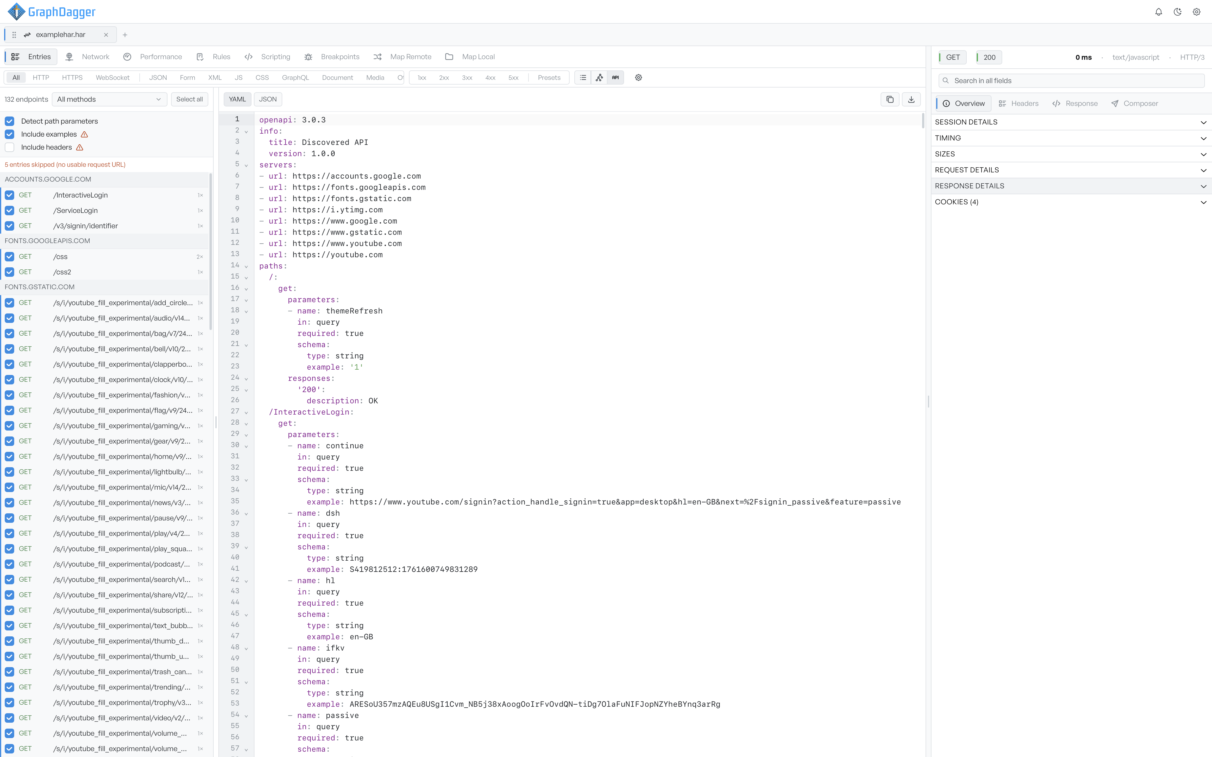The same view with the spec rendered as YAML, showing the servers list and a path with its query parameters