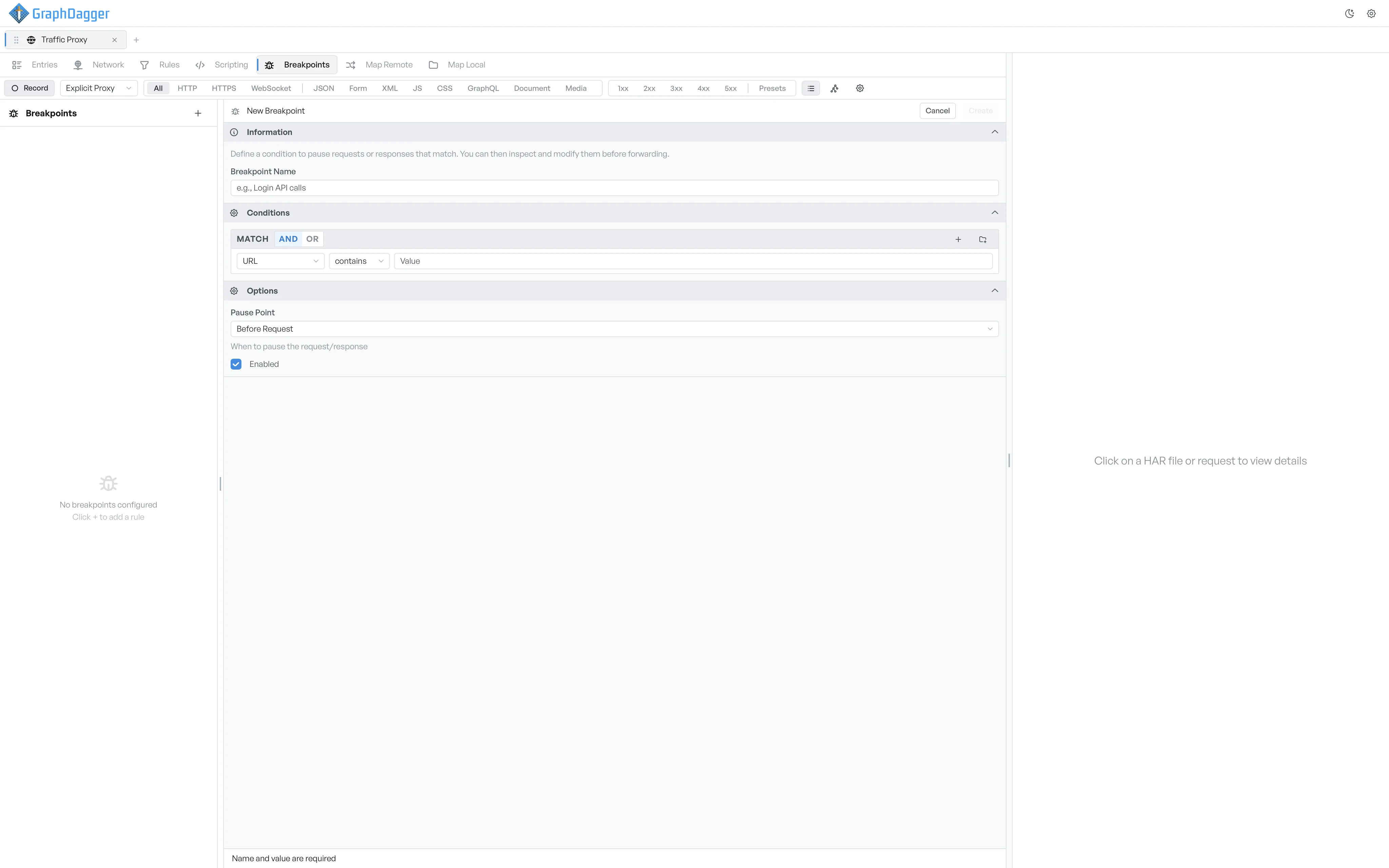 A new breakpoint form with information, a URL-based condition, and an options section underneath