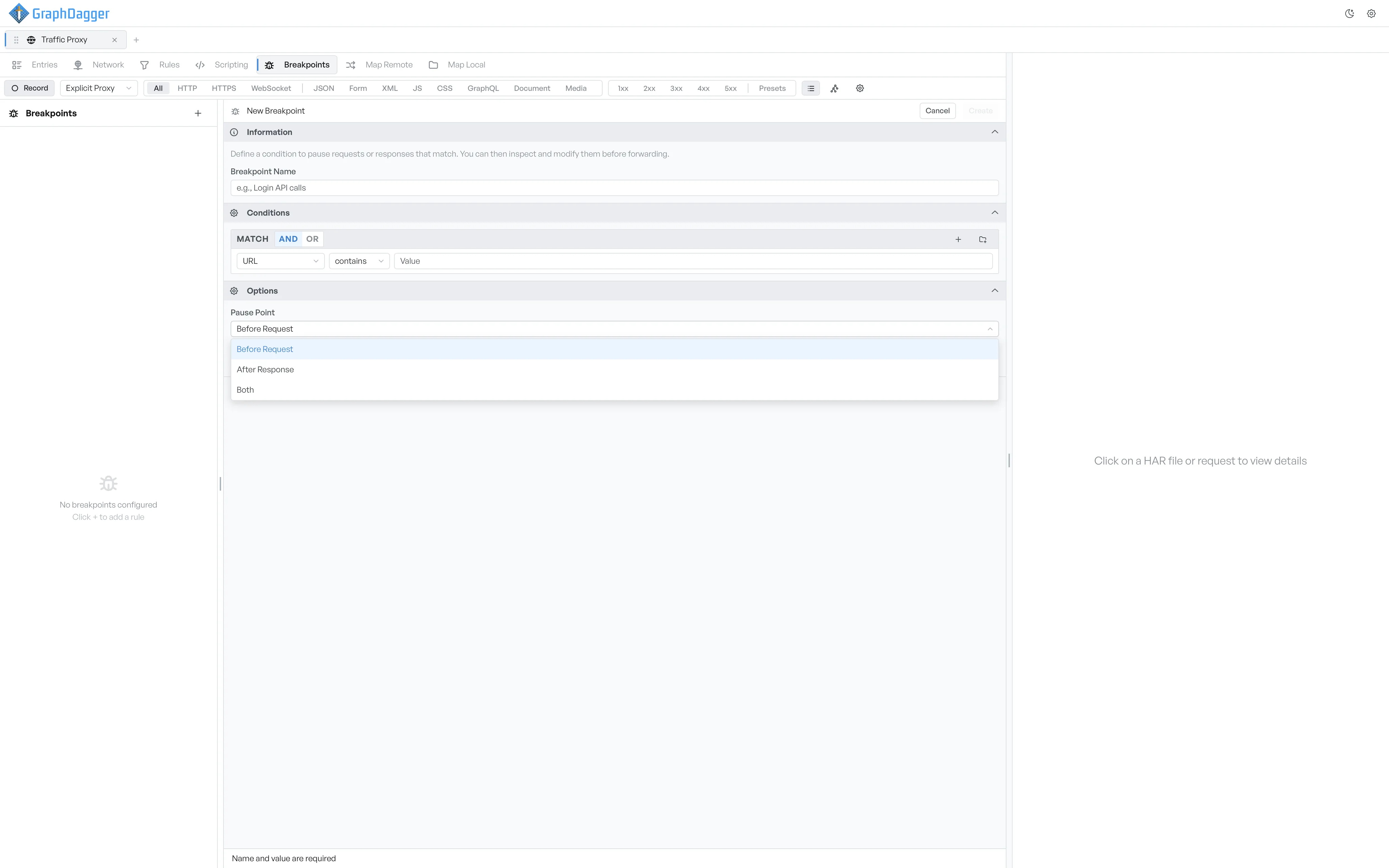 The Pause Point dropdown open, showing Before Request, After Response, and Both