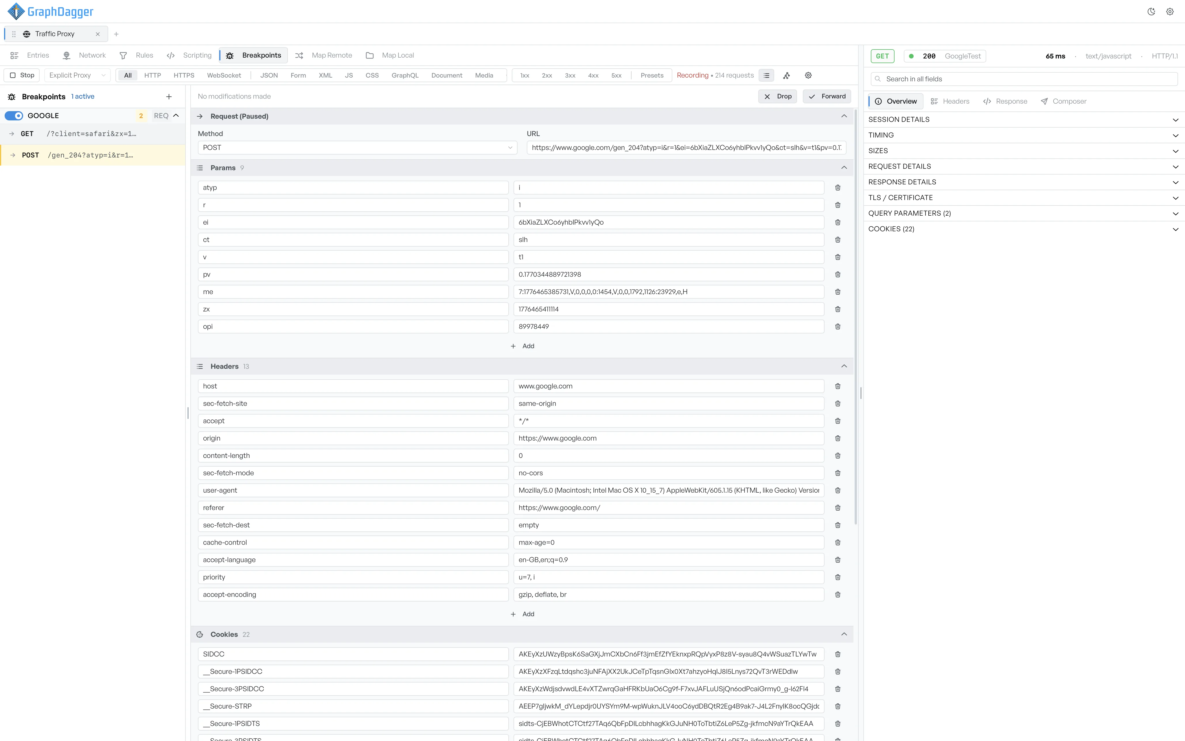 A paused request held by the Google breakpoint, with its params, headers, and cookies listed as editable rows