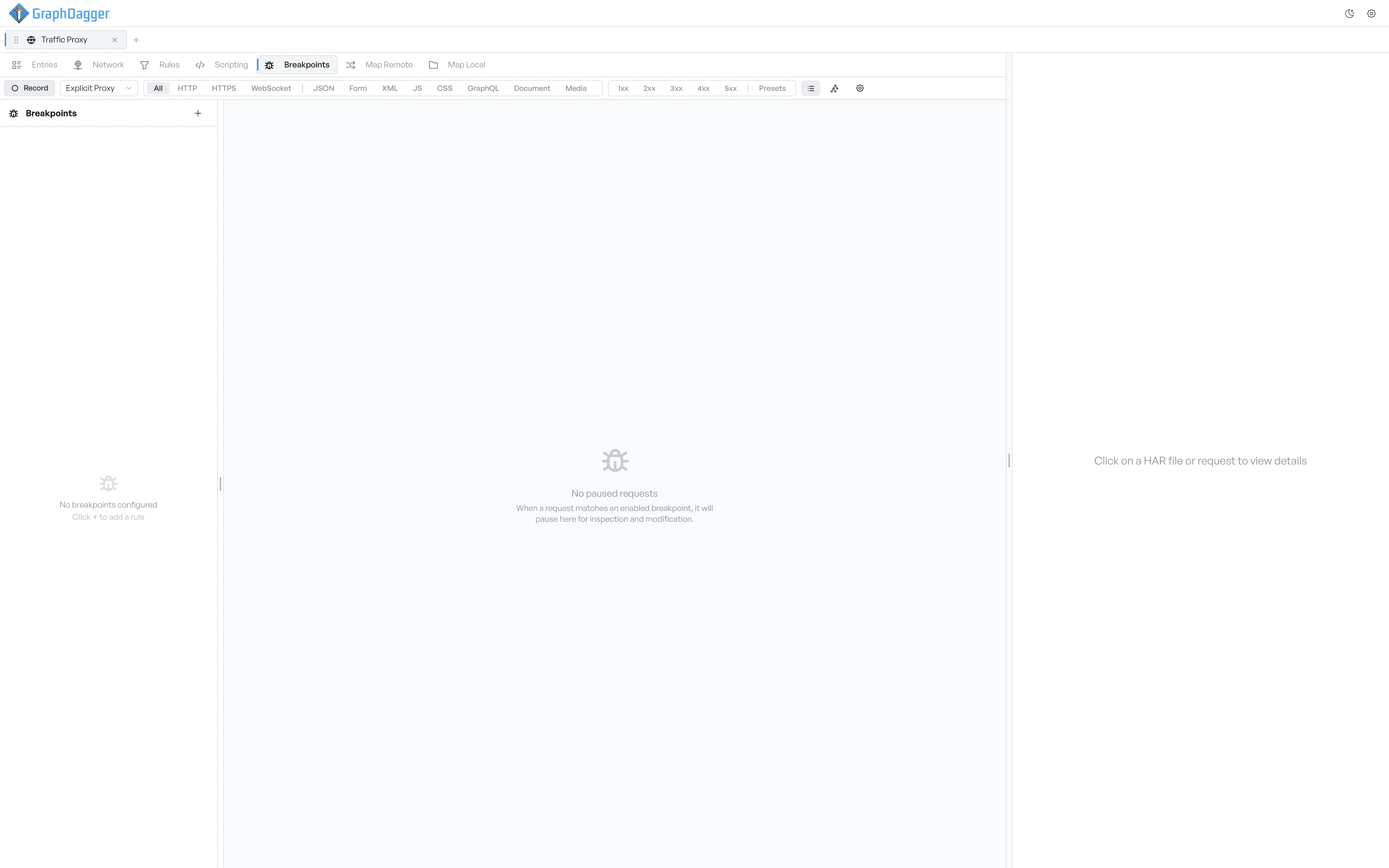 An empty Breakpoints tab with an empty sidebar and a large prompt in the centre explaining what will appear here