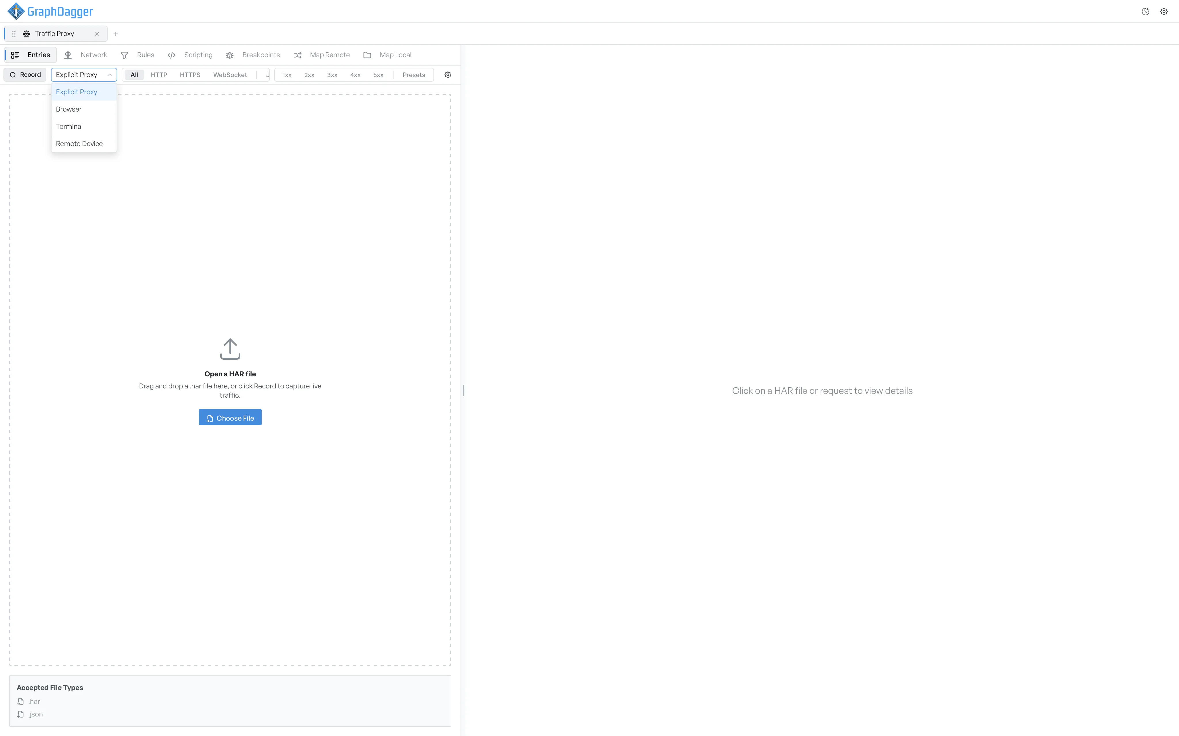 The capture-source dropdown showing Explicit Proxy, Browser, Terminal, and Remote Device options