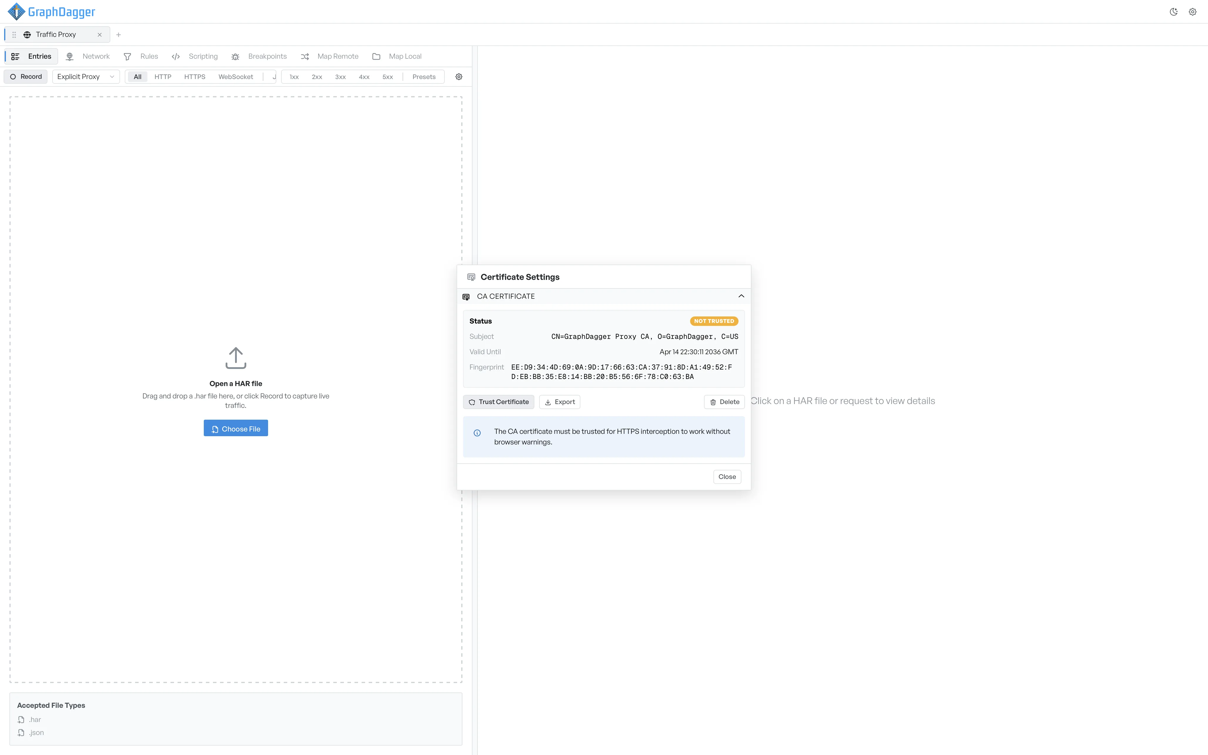 Certificate Settings with status Not Trusted, the certificate subject, validity, and fingerprint, and Trust / Export / Delete actions