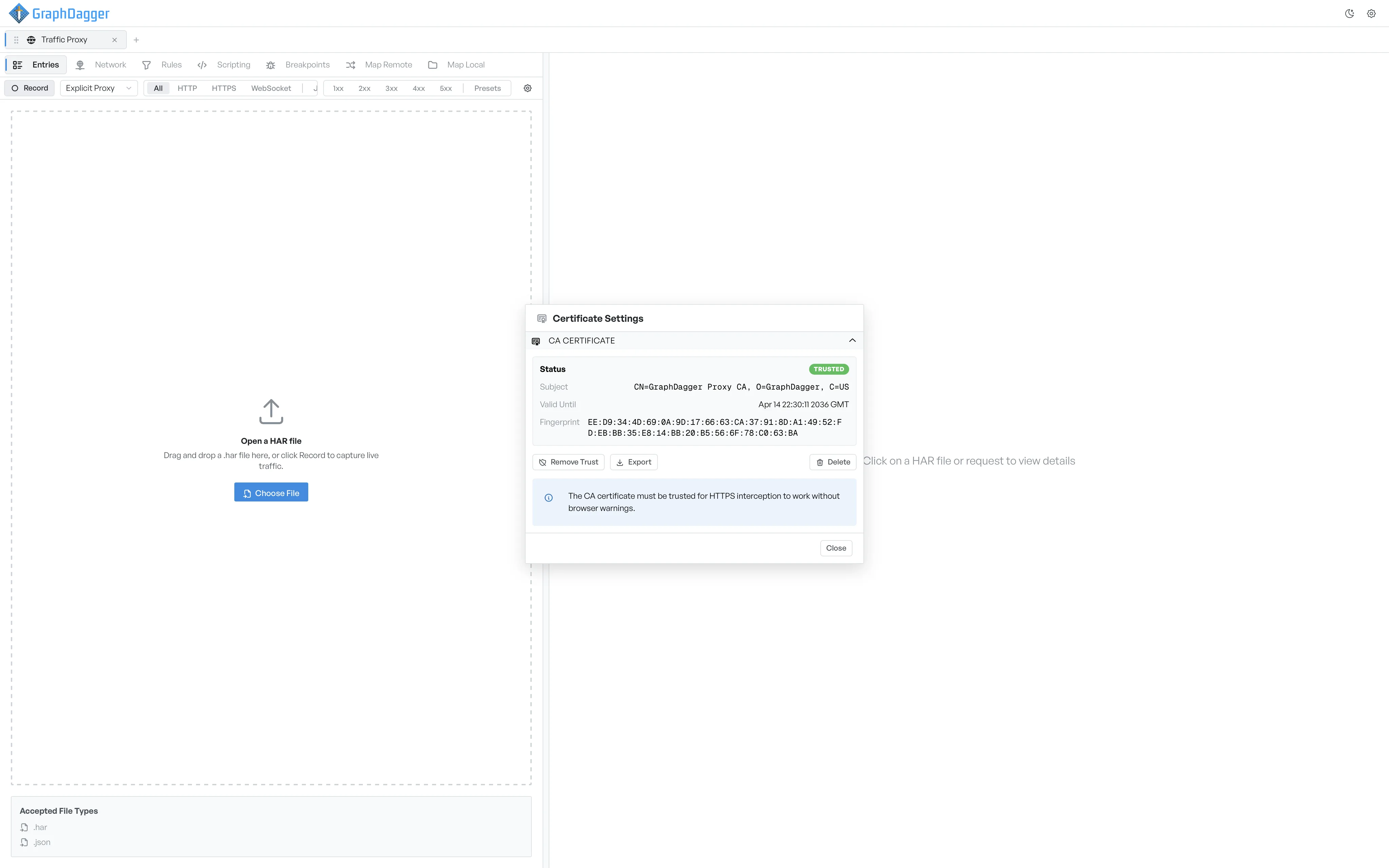 Certificate Settings with a green Trusted status and Remove Trust, Export, and Delete actions