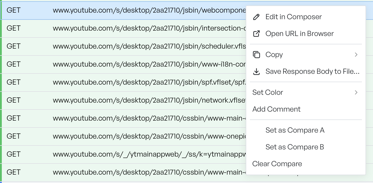 The entry right-click menu with Set as Compare A and Set as Compare B listed below the Set Color and Add Comment items