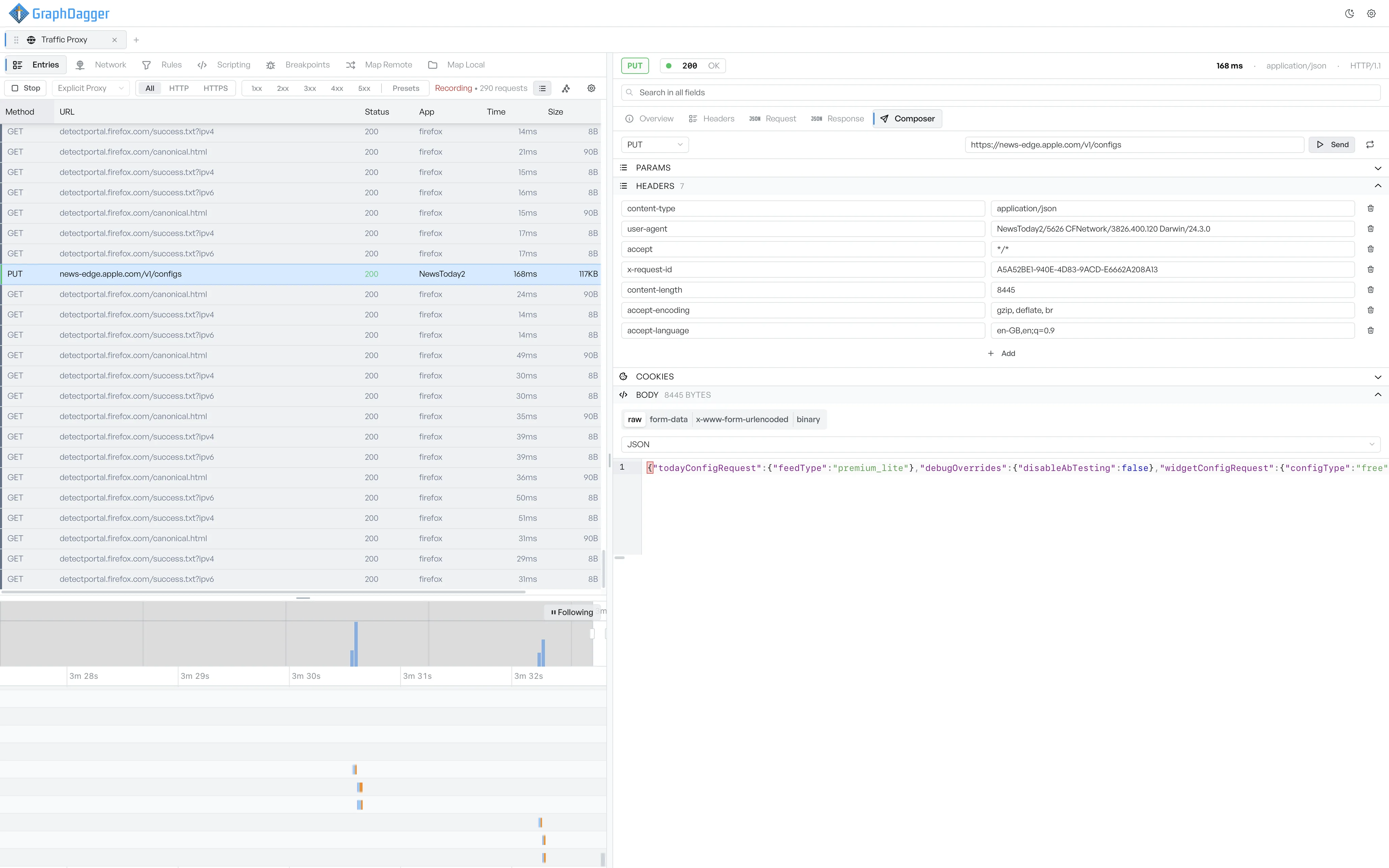 The Composer tab with a PUT request ready to replay, showing prefilled headers, cookies, and a JSON body