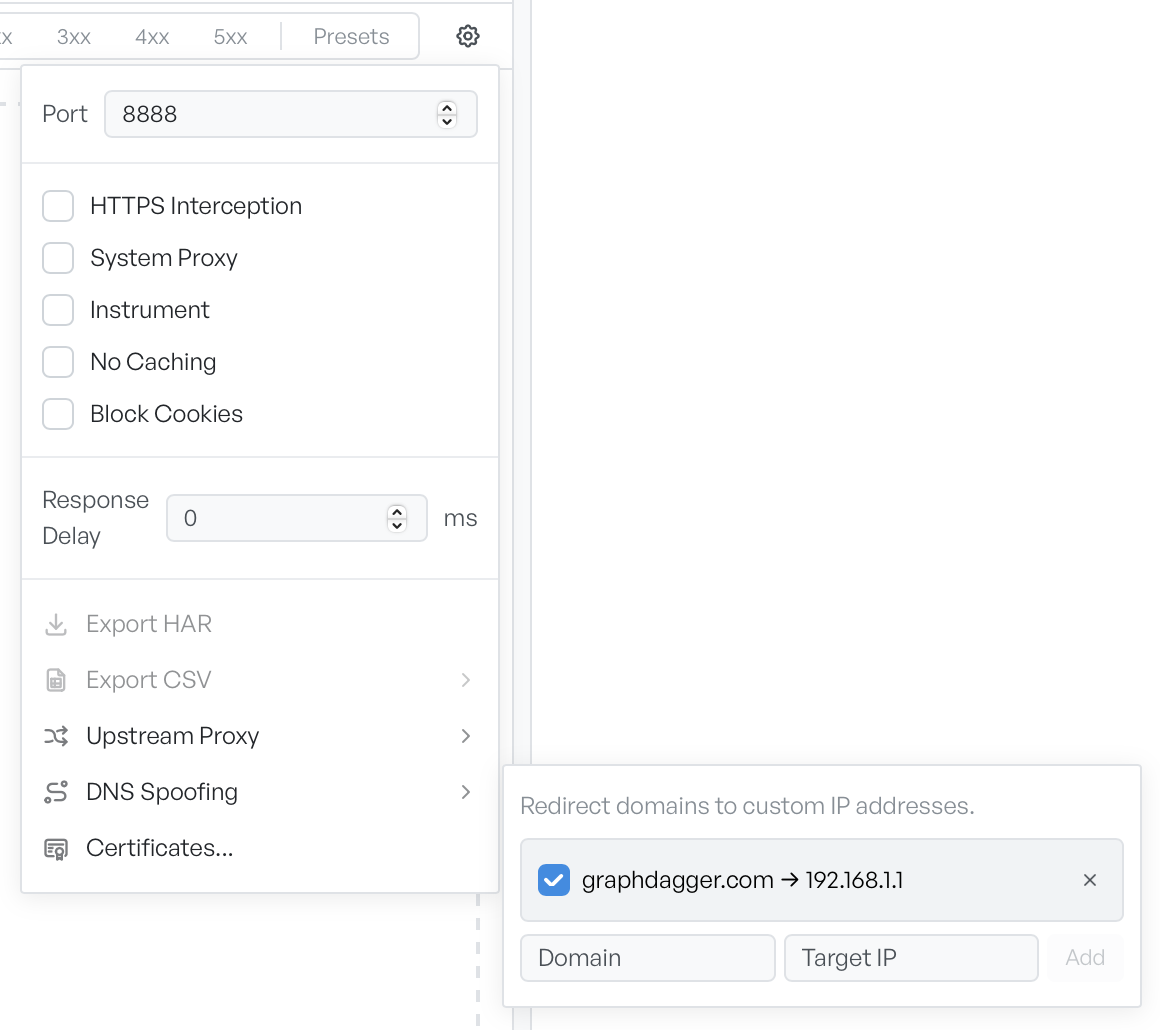 The DNS Spoofing dialog with fields for a domain and its target IP