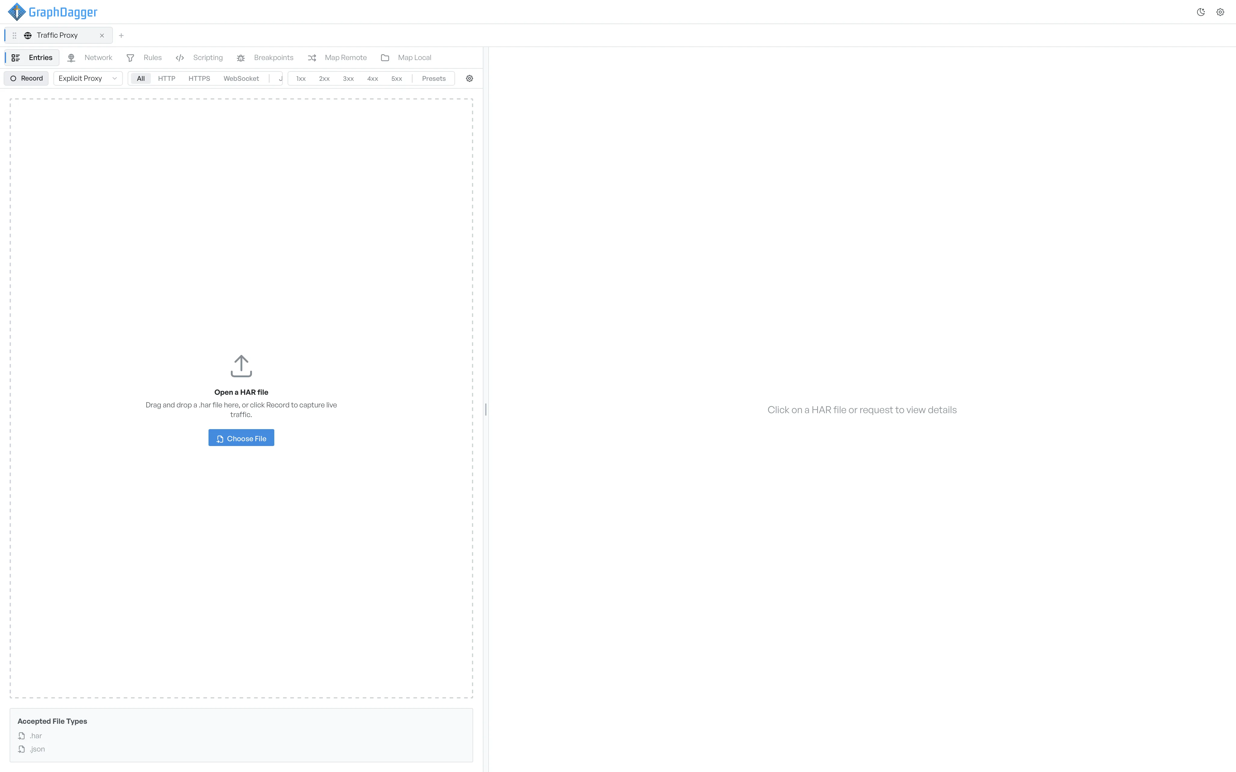 The empty Web Debugger workspace with a drop zone for HAR files and a Record button in the toolbar