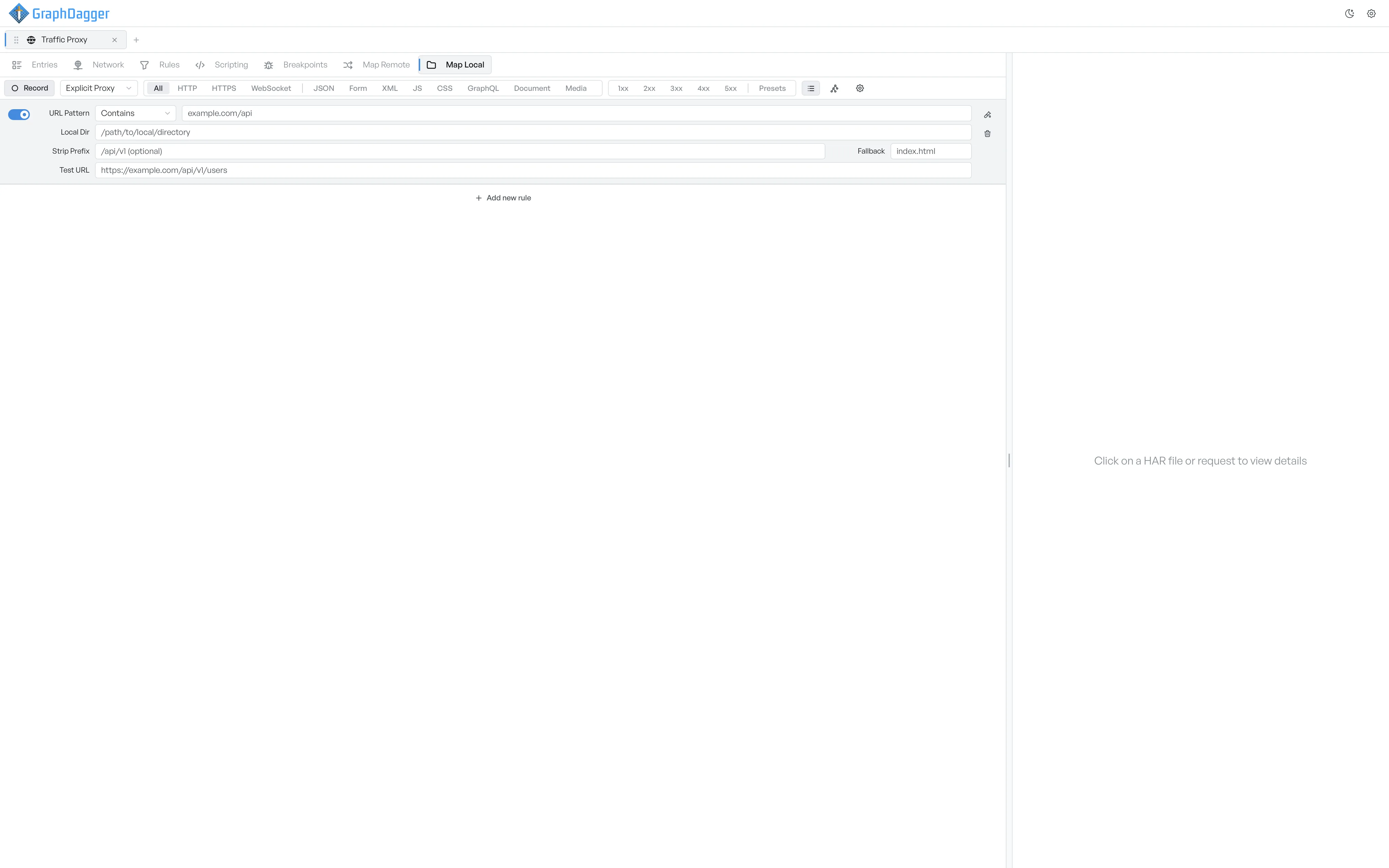 A Map Local rule expanded with a Test URL field showing which file the rule resolves to