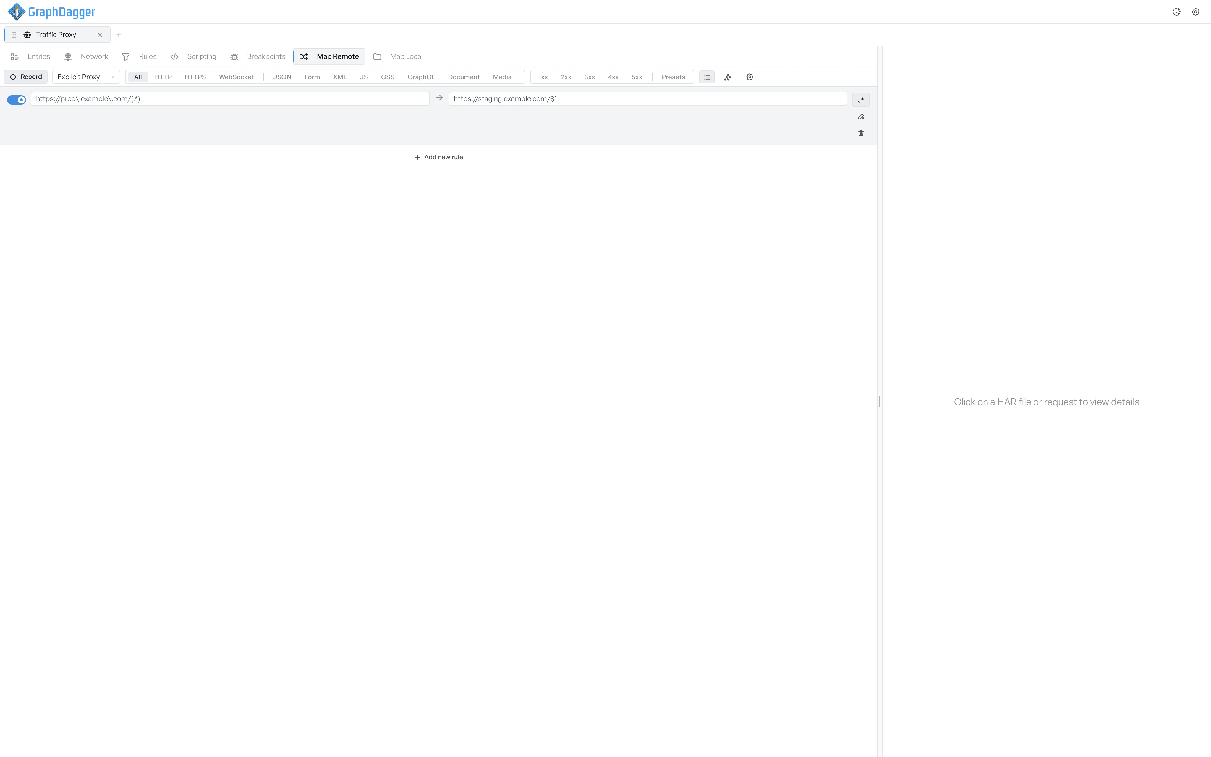 A Map Remote rule in regex mode rewriting the prod host into staging while preserving the path with a capture group