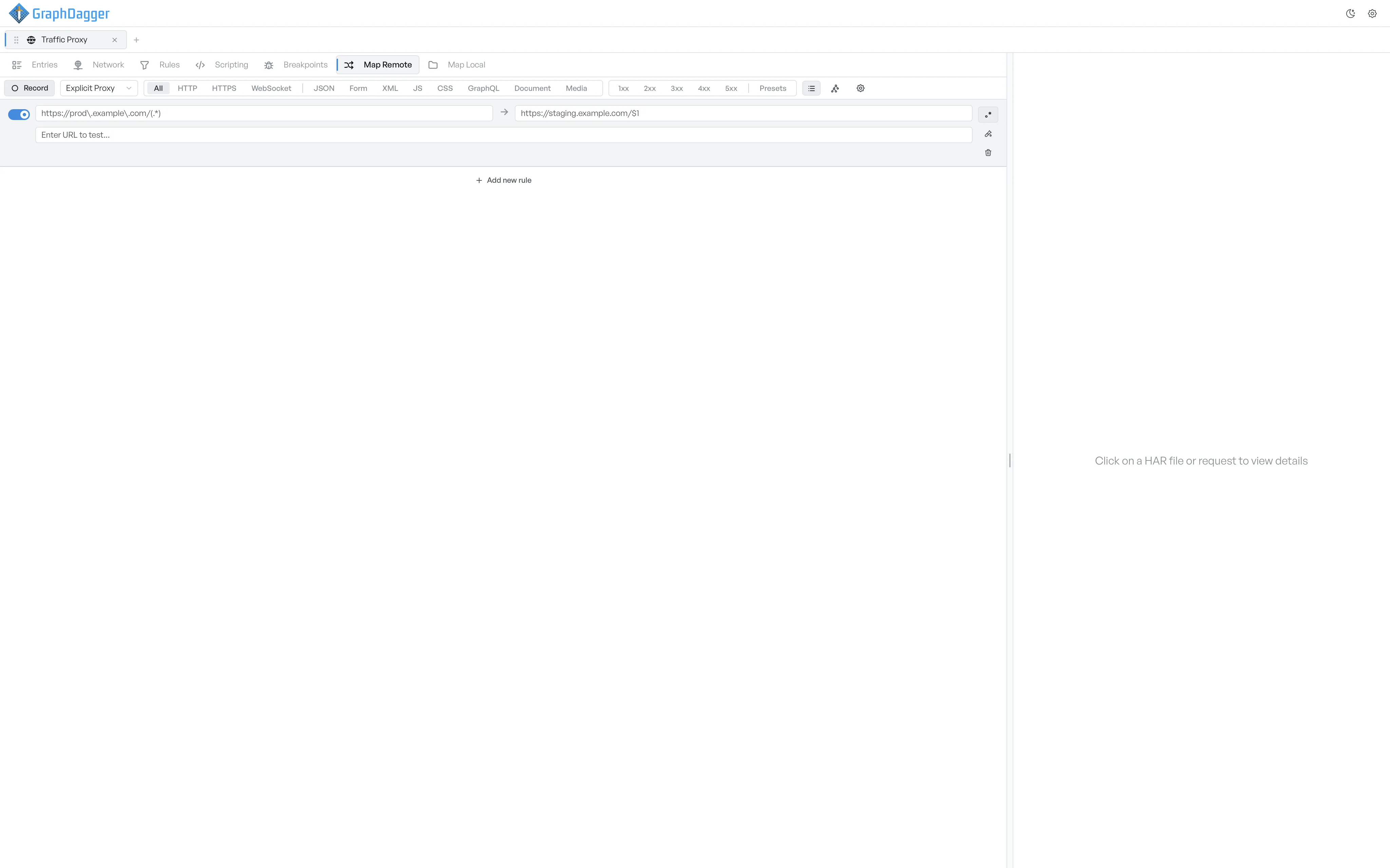 A Map Remote rule expanded to show an Enter URL to test field for dry-running the redirect