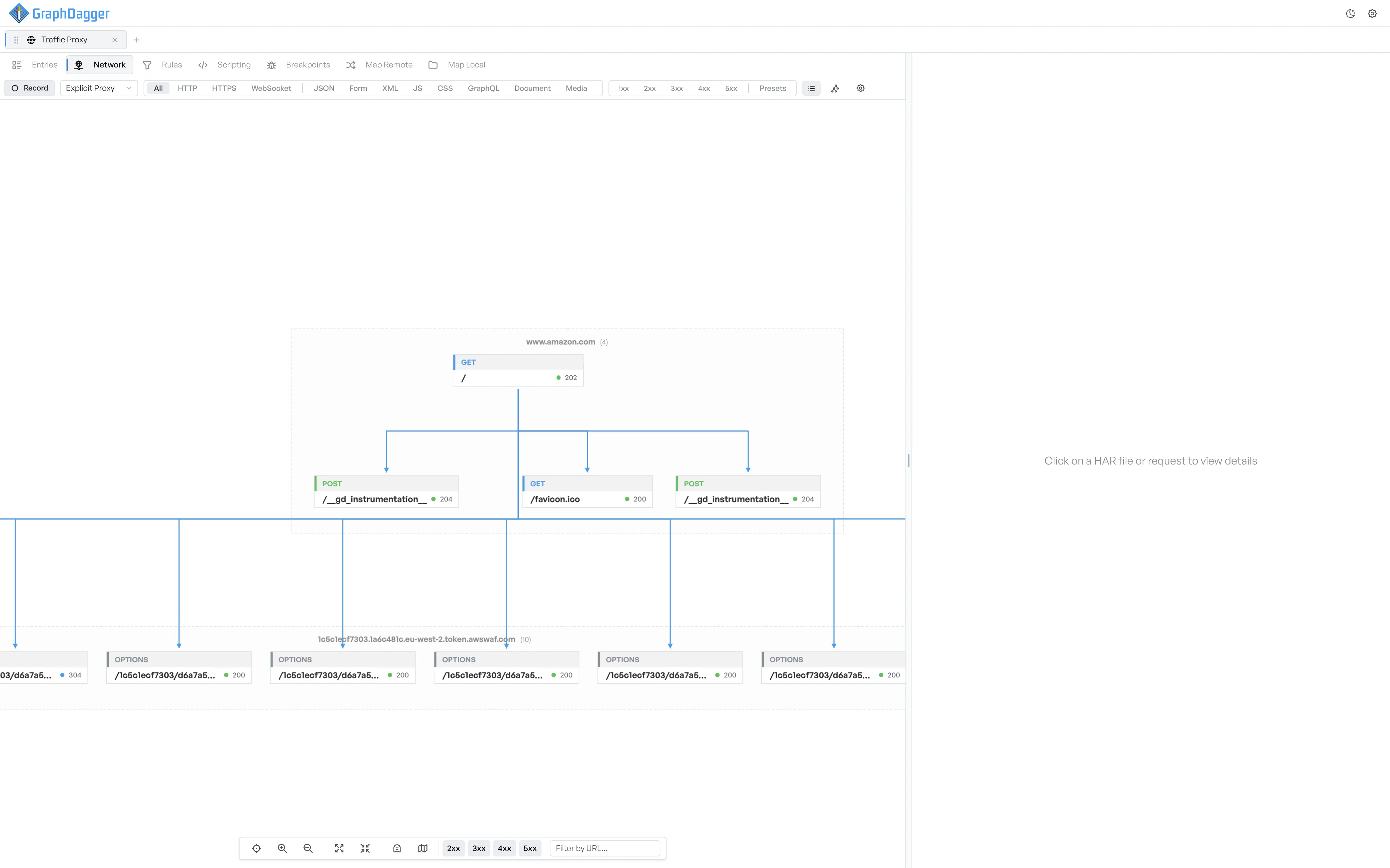The Network tab showing hosts as grouped containers with request boxes connected by arrows to show chains between hosts