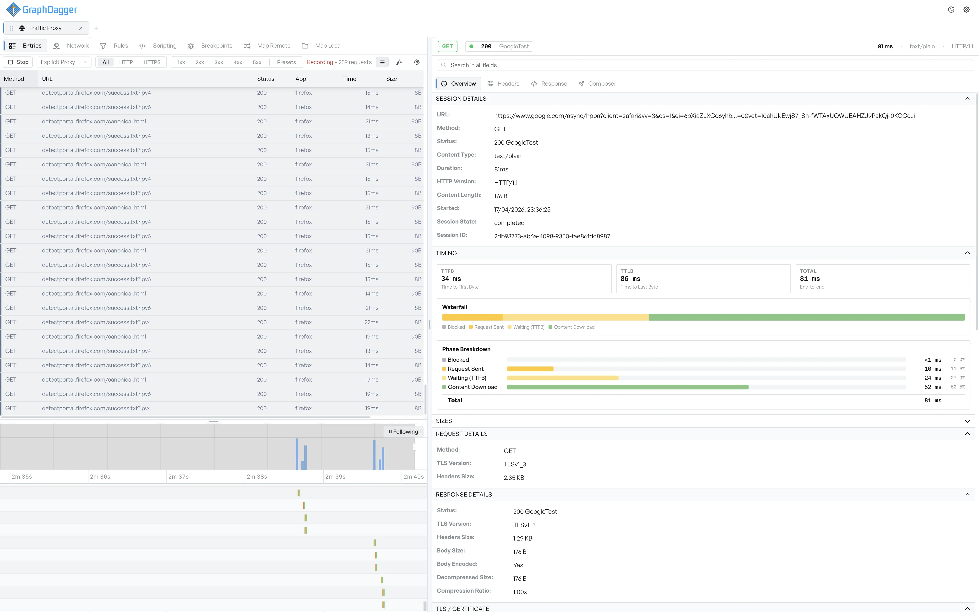 The Overview tab showing session details, the timing waterfall with phase breakdown, and sizes