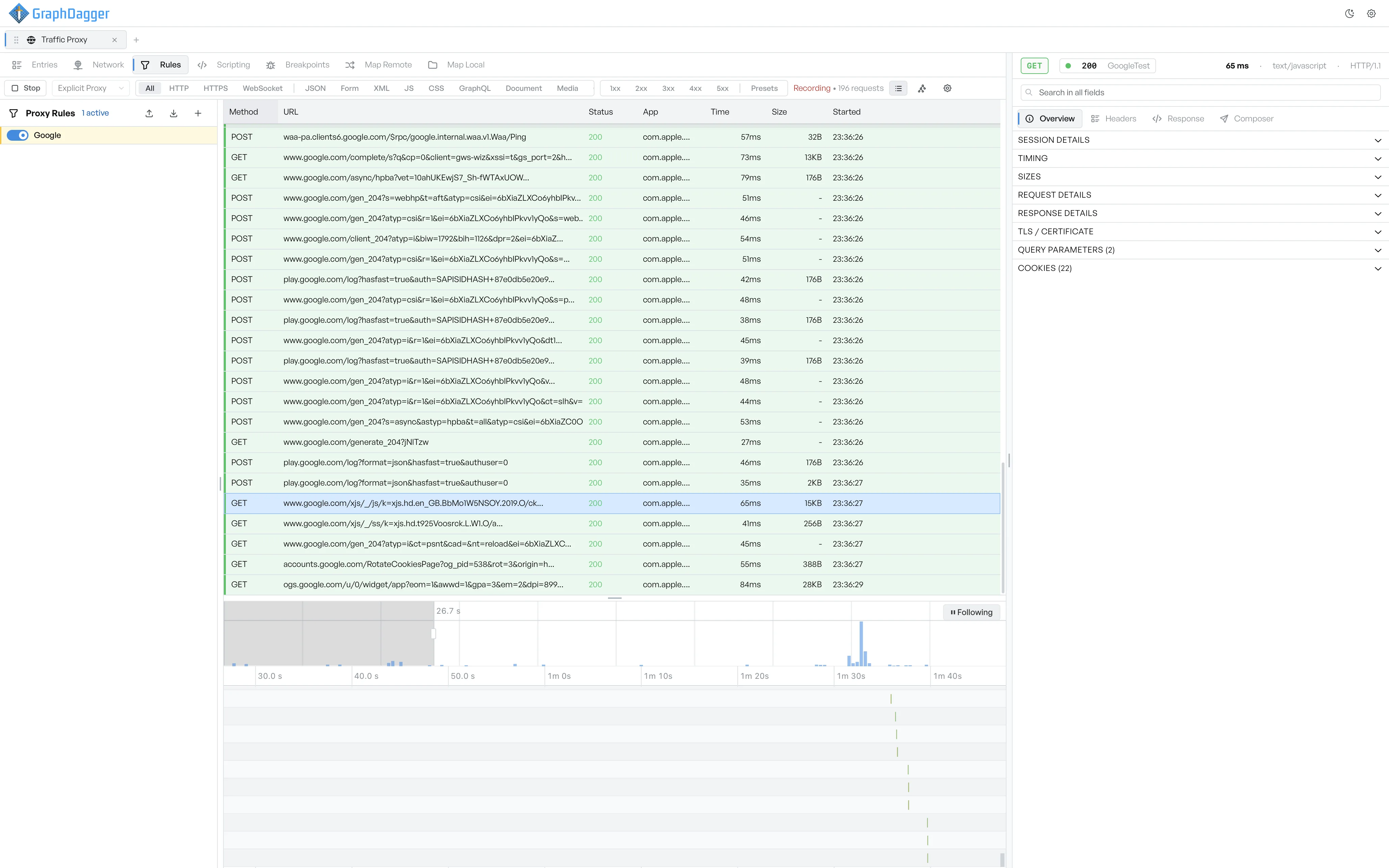 A live recording in progress with the request list populating on the left and the request inspector on the right